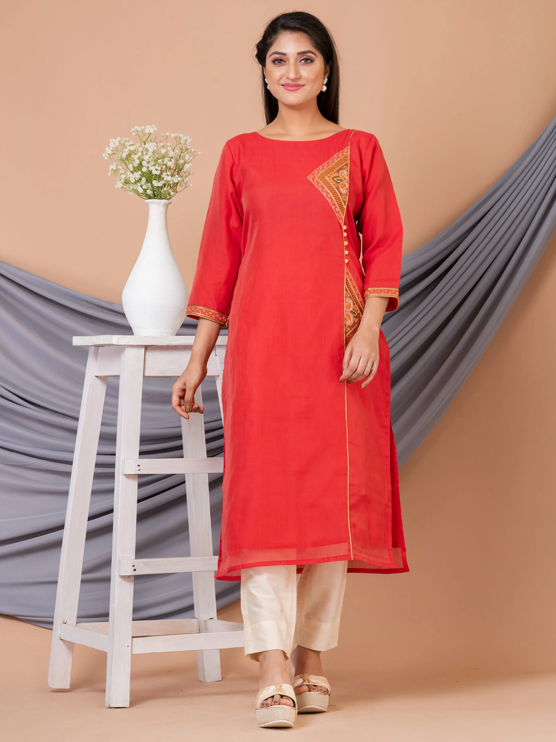 Jalpaibon Women's Embroidered Cotton Silk Round Neck Long Kurta (Red)