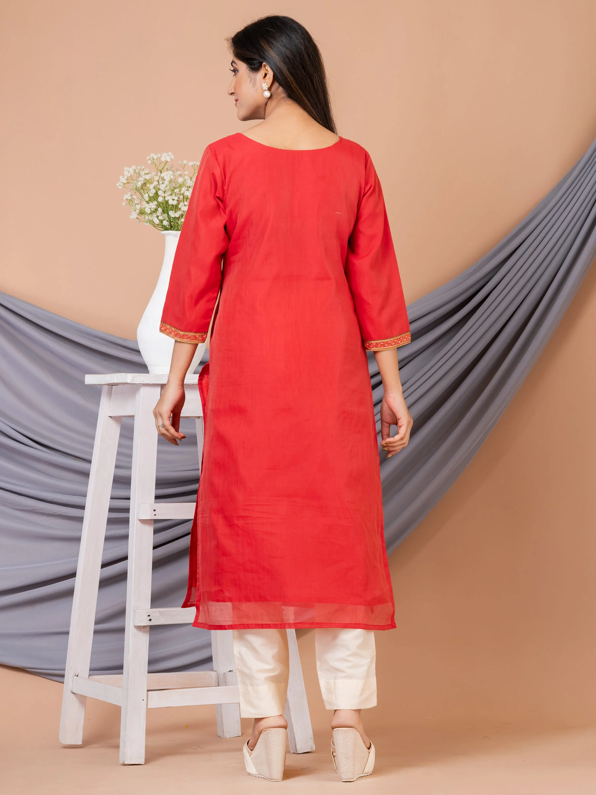 Jalpaibon Women’s Embroidered Cotton Silk Round Neck Long Kurta (Red)