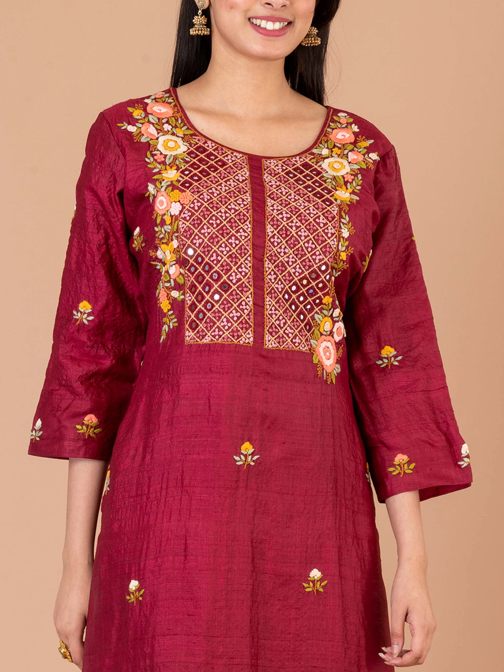 1_0000s_0003_DSC00349-copy-scaled-1.jpg Jalpaibon Women’s Hand Embroidered Tassar Silk Round Neck Kurta (Maroon)