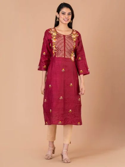 Jalpaibon Women’s Hand Embroidered Tassar Silk Round Neck Kurta (Maroon)