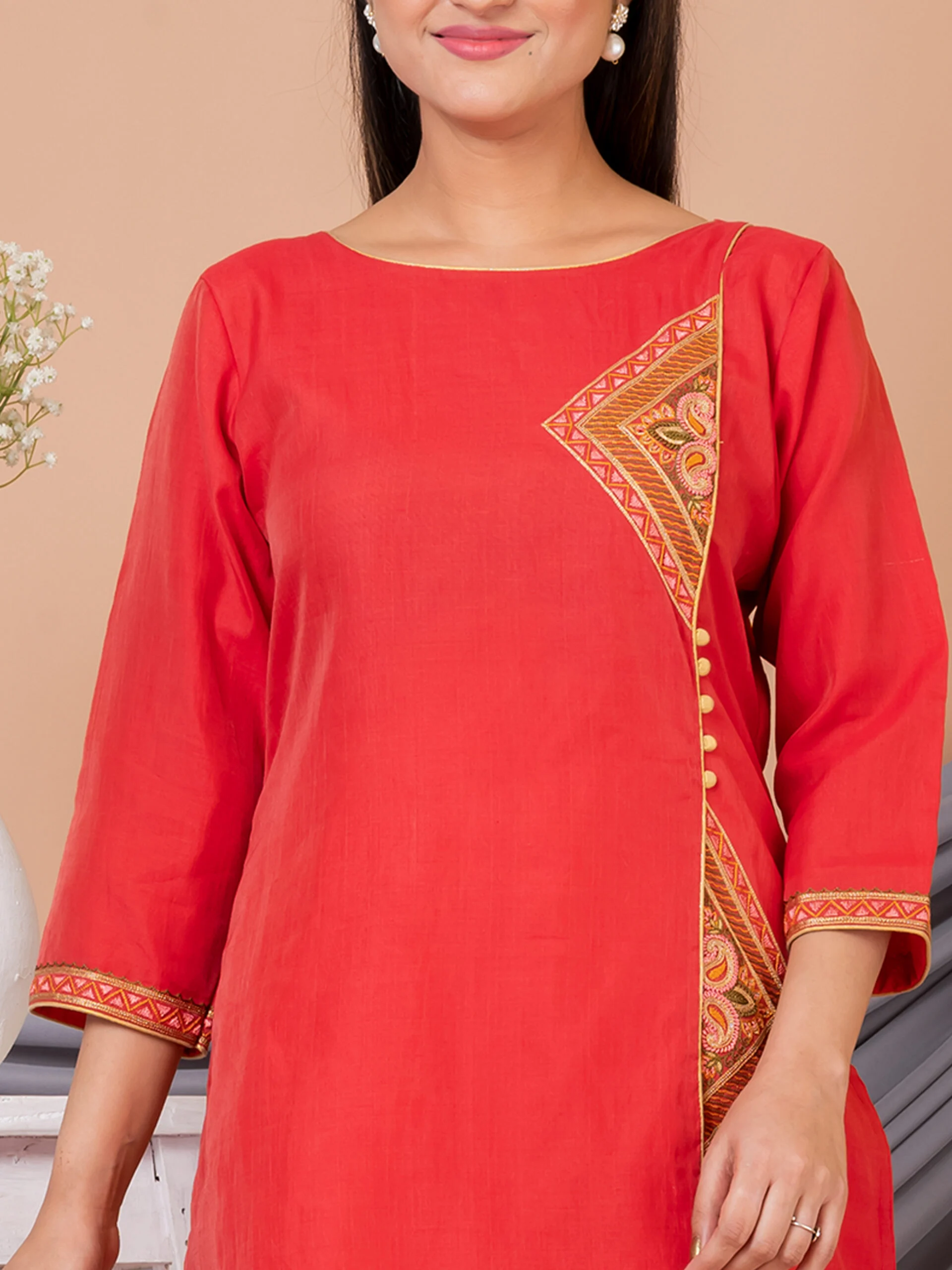 Jalpaibon Women’s Embroidered Cotton Silk Round Neck Long Kurta (Red)