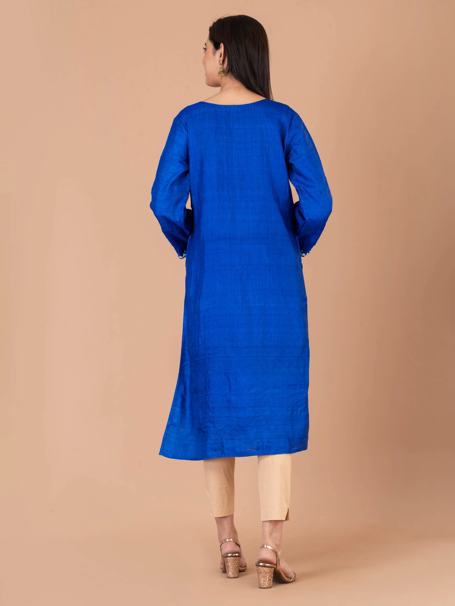 1_0001s_0000_DSC00344-scaled-1.jpg Jalpaibon Women’s Tassar Embroidered Round Neck Long Kurta (Blue)