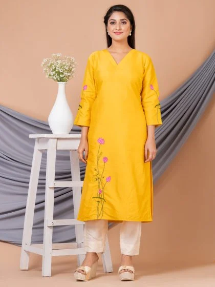 Jalpaibon Women’s Embroidered Cotton Silk V- Neck Long Kurta (Yellow)