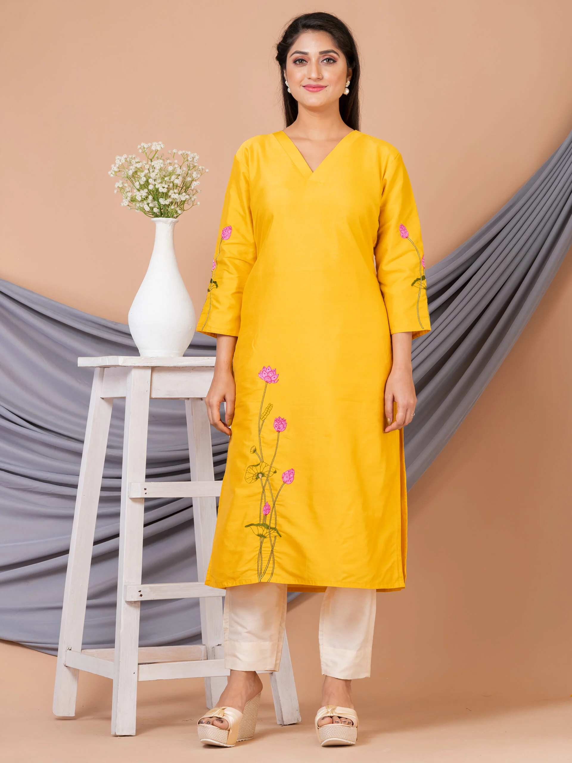 Jalpaibon Women's Embroidered Cotton Silk V- Neck Long Kurta (Yellow)