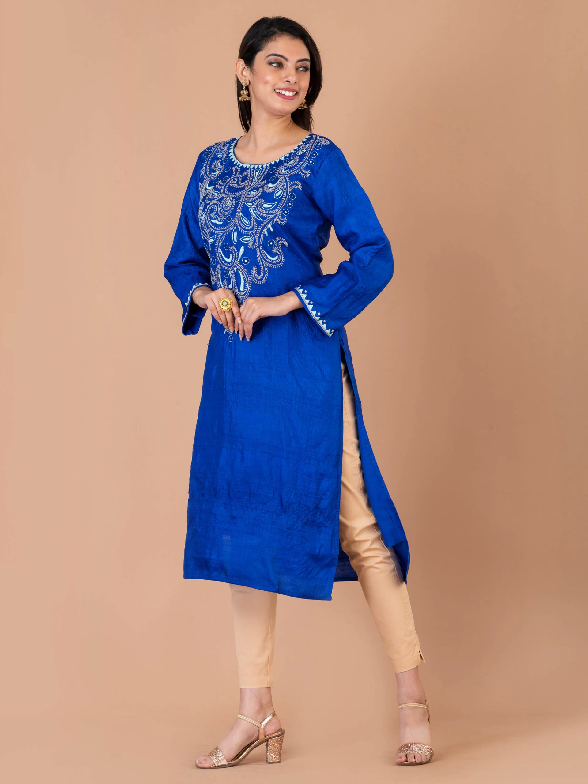 1_0001s_0001_DSC00347-scaled-1.jpg Jalpaibon Women’s Tassar Embroidered Round Neck Long Kurta (Blue)