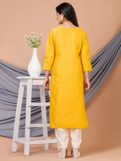 Jalpaibon Women’s Embroidered Cotton Silk V- Neck Long Kurta (Yellow)
