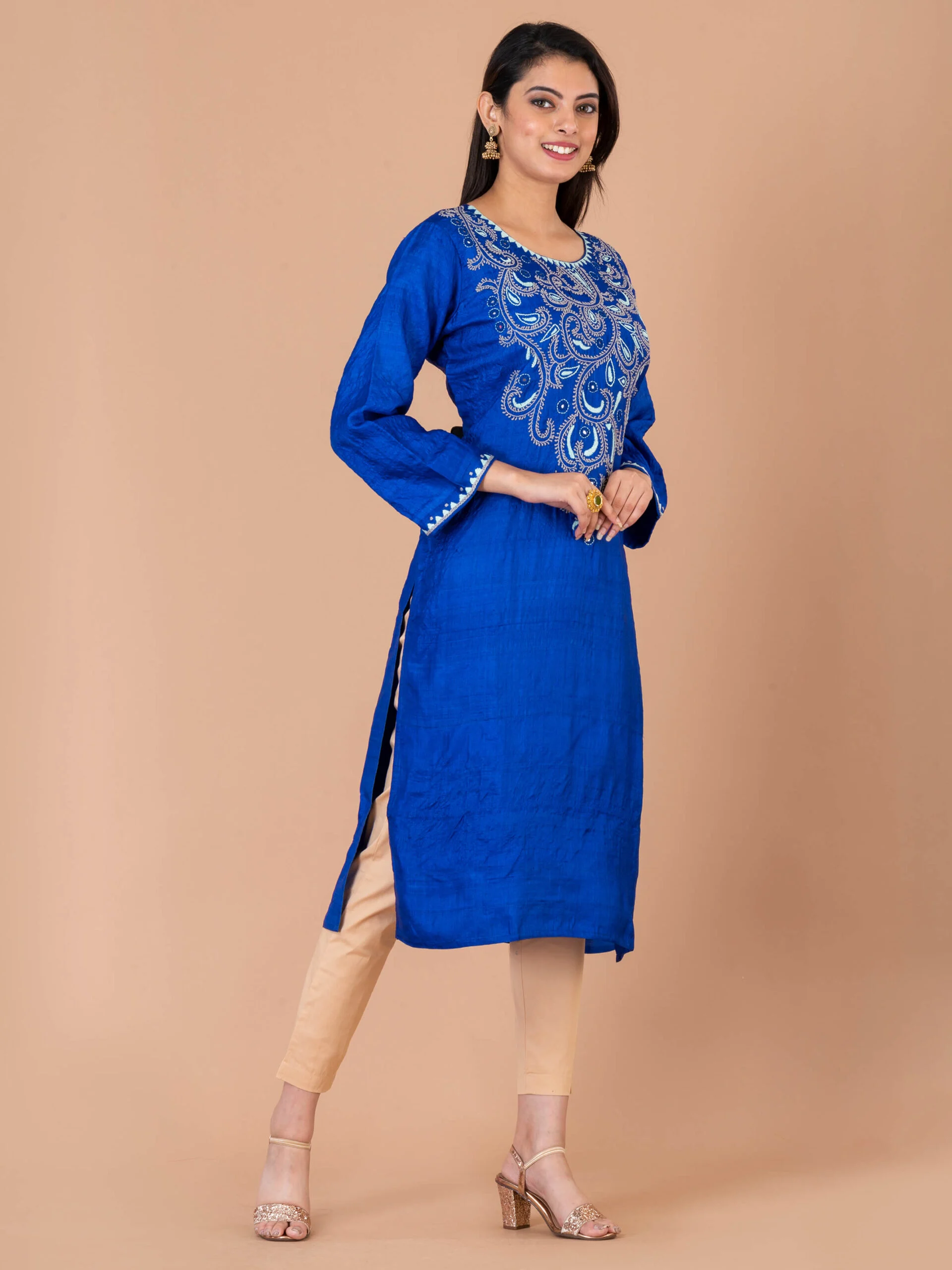 1_0001s_0002_DSC00346-scaled-1.jpg Jalpaibon Women’s Tassar Embroidered Round Neck Long Kurta (Blue)