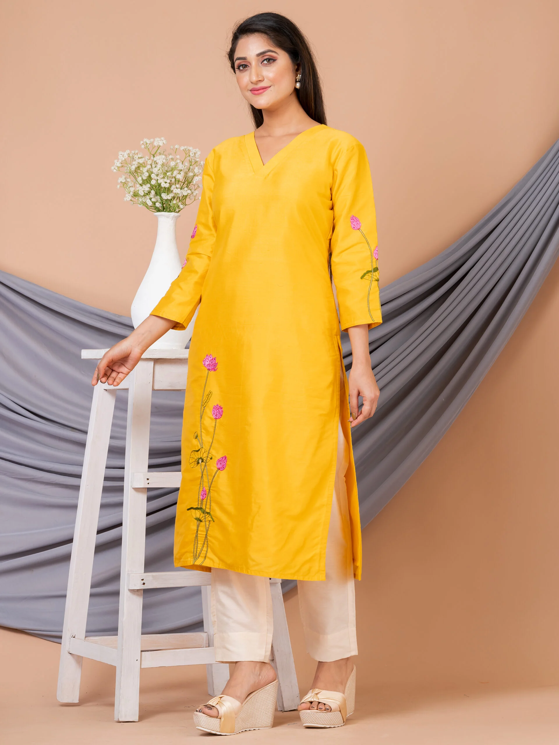 Jalpaibon Women’s Embroidered Cotton Silk V- Neck Long Kurta (Yellow)