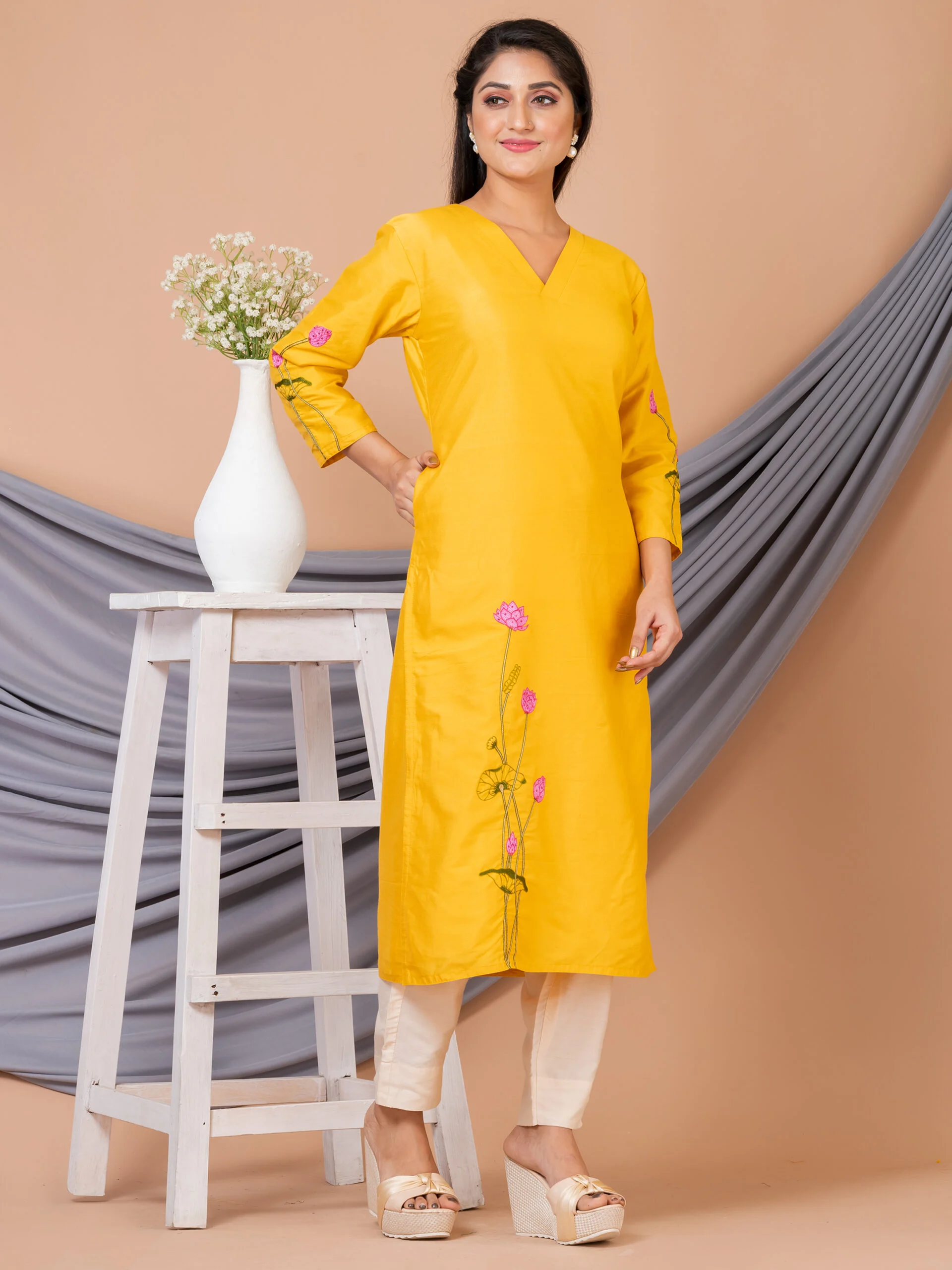 Jalpaibon Women’s Embroidered Cotton Silk V- Neck Long Kurta (Yellow)