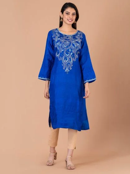 Jalpaibon Women’s Tassar Embroidered Round Neck Long Kurta (Blue)