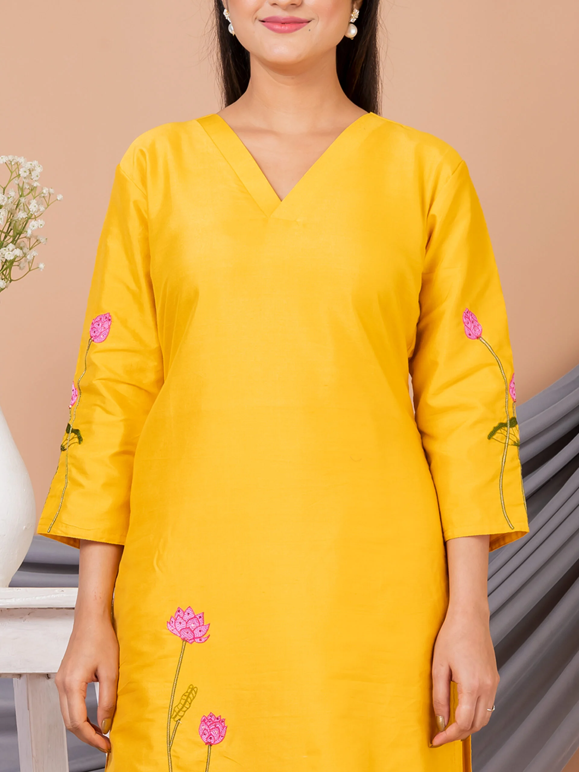 Jalpaibon Women’s Embroidered Cotton Silk V- Neck Long Kurta (Yellow)