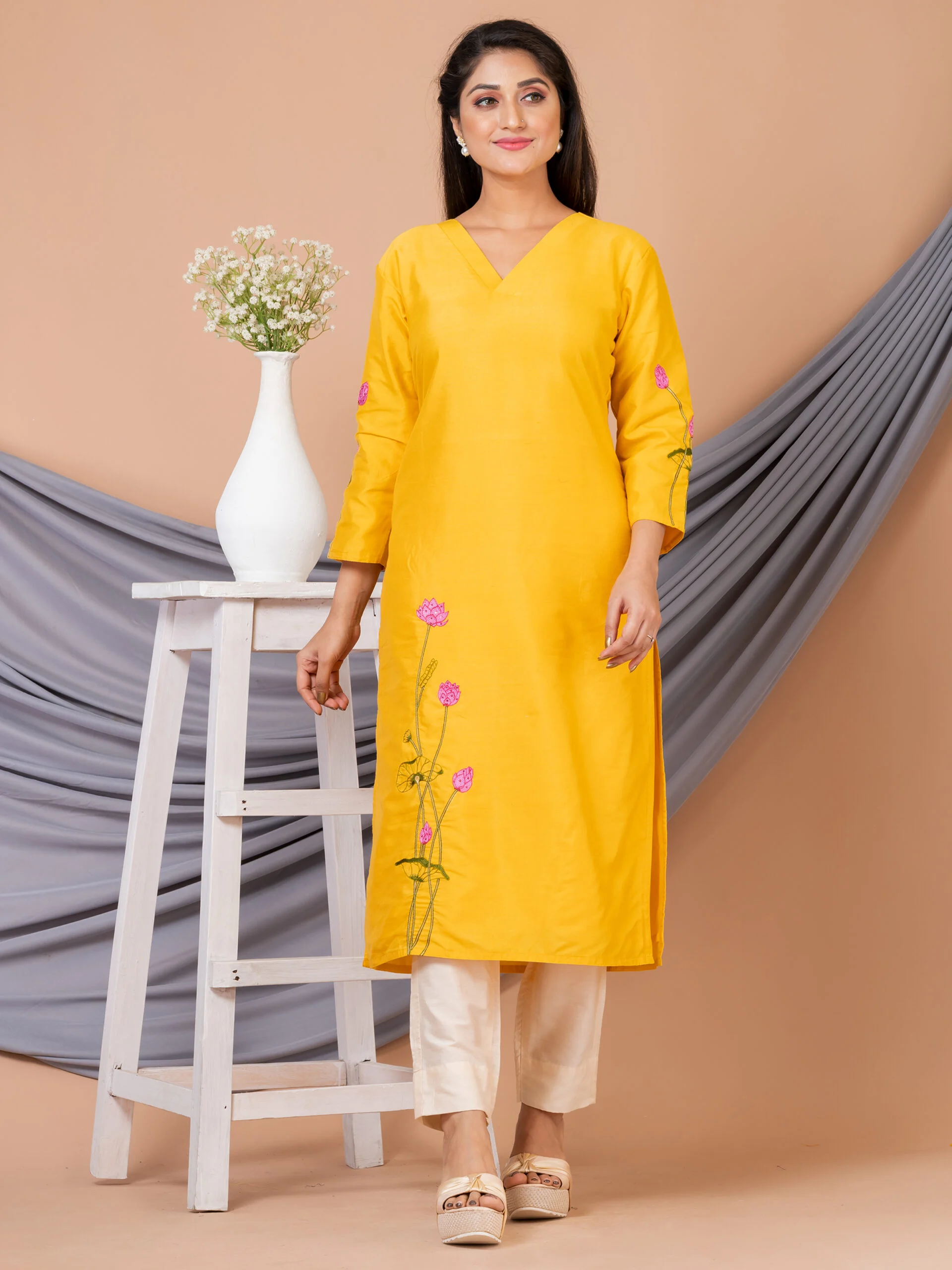 Jalpaibon Women’s Embroidered Cotton Silk V- Neck Long Kurta (Yellow)