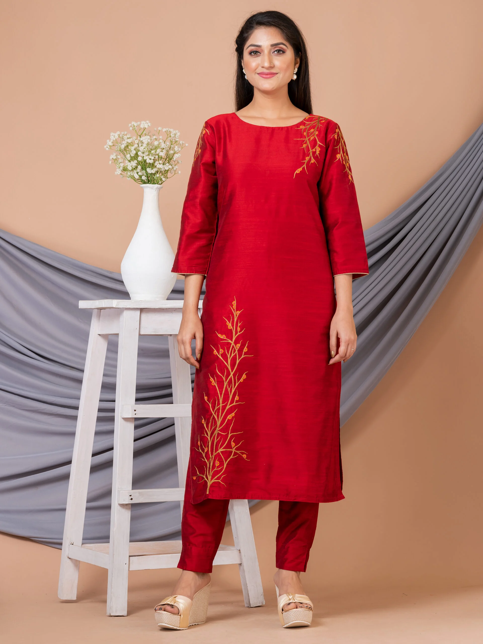 1_0002s_0000_DSC06559-scaled-1.jpg Jalpaibon Women’s Hand Embroidered Silk Blend Long Kurta (Red)