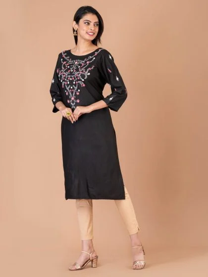 Jalpaibon Women’s Hand Embroidered Silk Blend Round Neck Long Kurta (Black)
