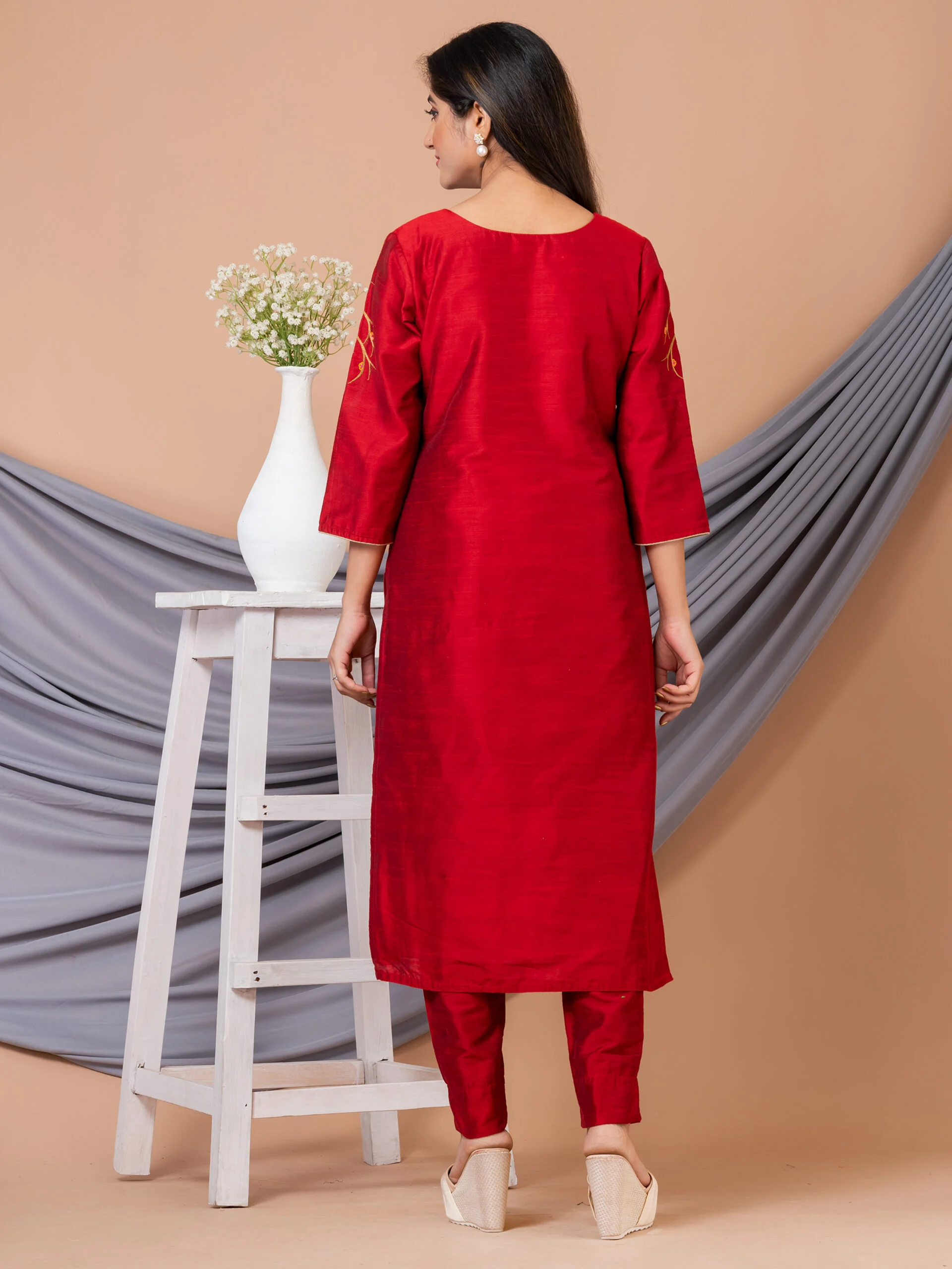 1_0002s_0001_DSC06558-scaled-1.jpg Jalpaibon Women’s Hand Embroidered Silk Blend Long Kurta (Red)