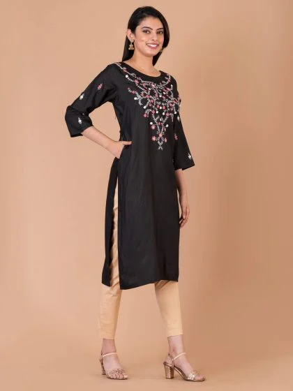 Jalpaibon Women’s Hand Embroidered Silk Blend Round Neck Long Kurta (Black)