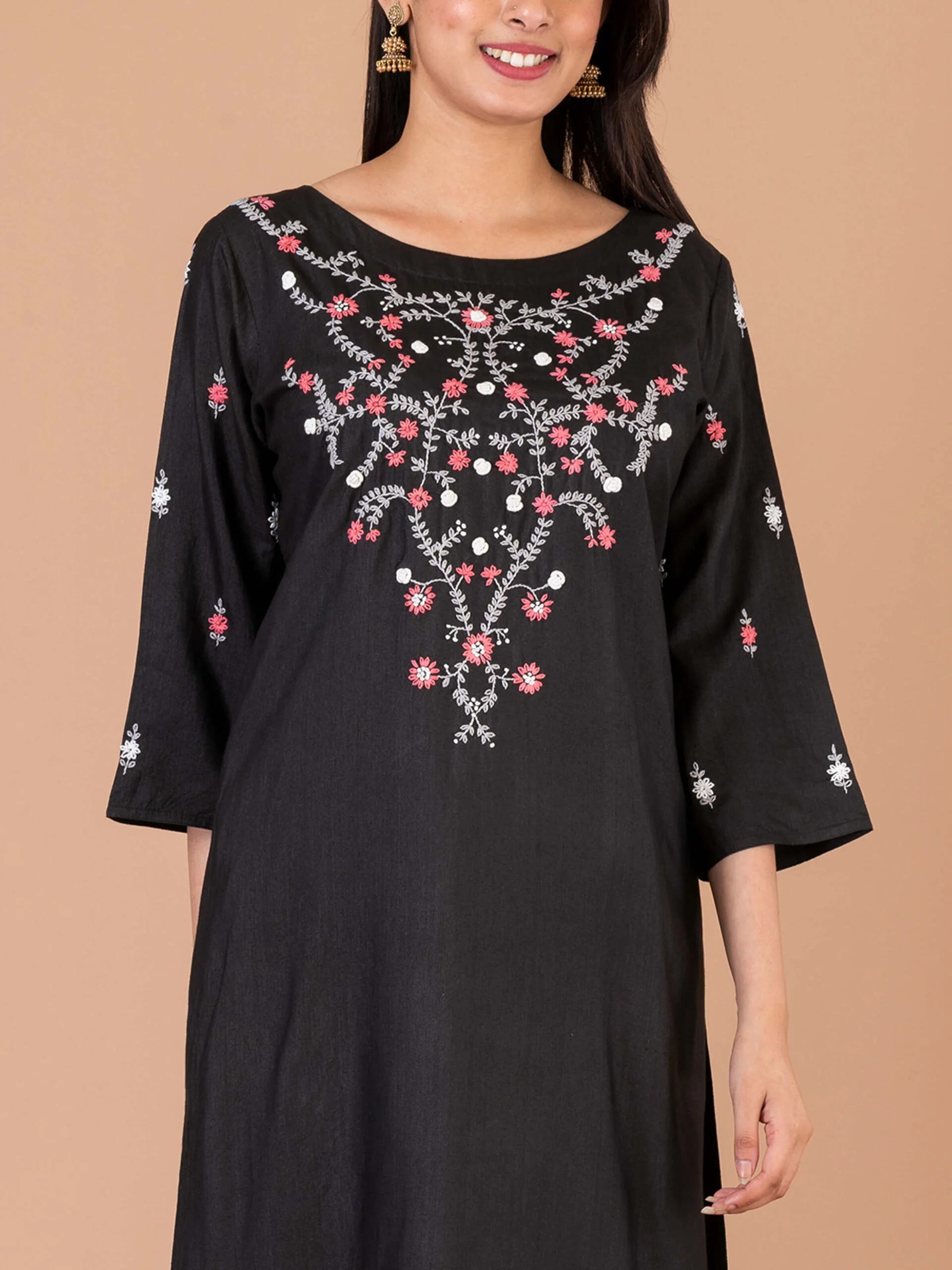 1_0002s_0003_DSC00340-copy-scaled-1.jpg Jalpaibon Women’s Hand Embroidered Silk Blend Round Neck Long Kurta (Black)
