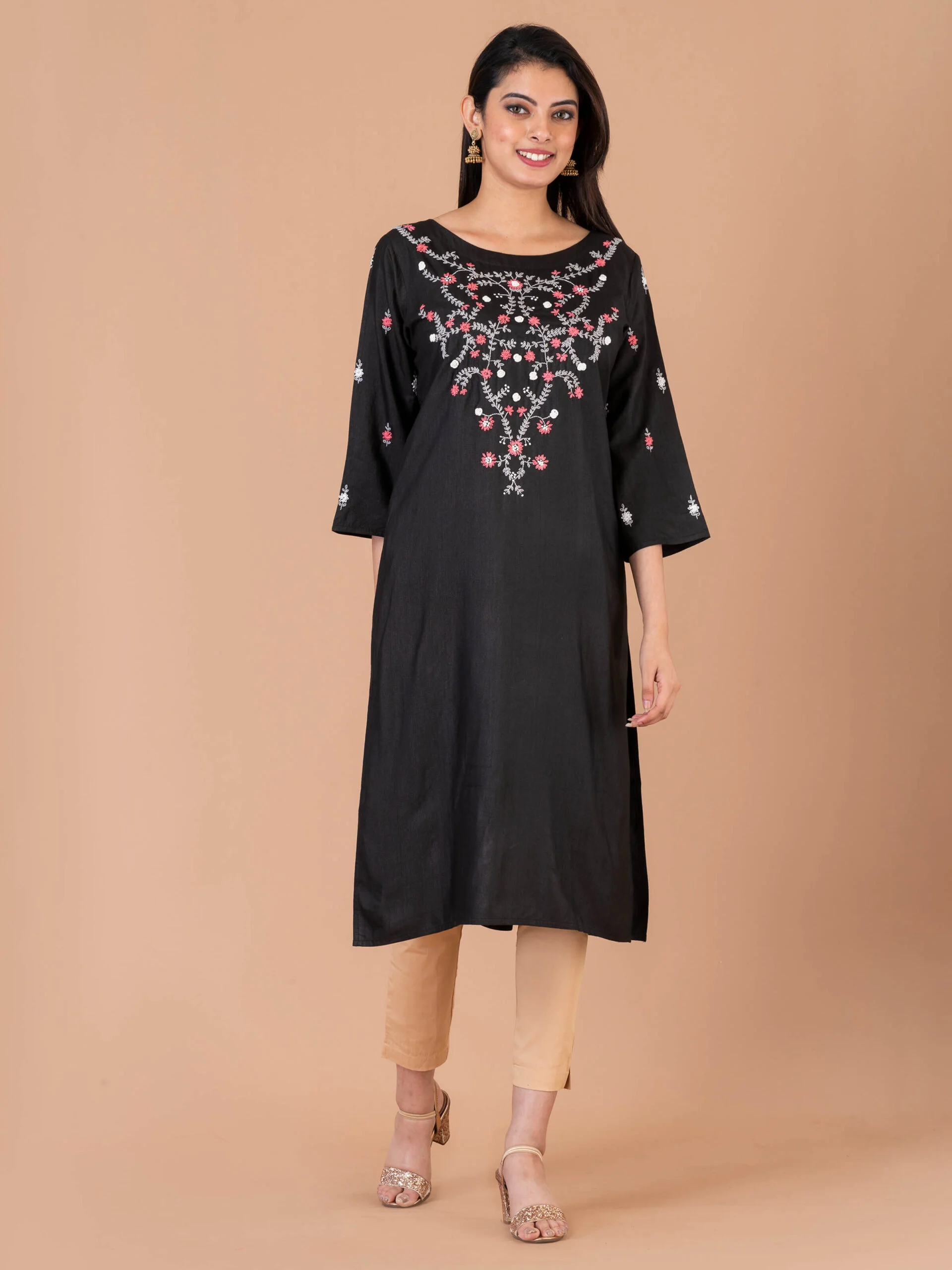1_0002s_0004_DSC00340-scaled-1.jpg Jalpaibon Women’s Hand Embroidered Silk Blend Round Neck Long Kurta (Black)