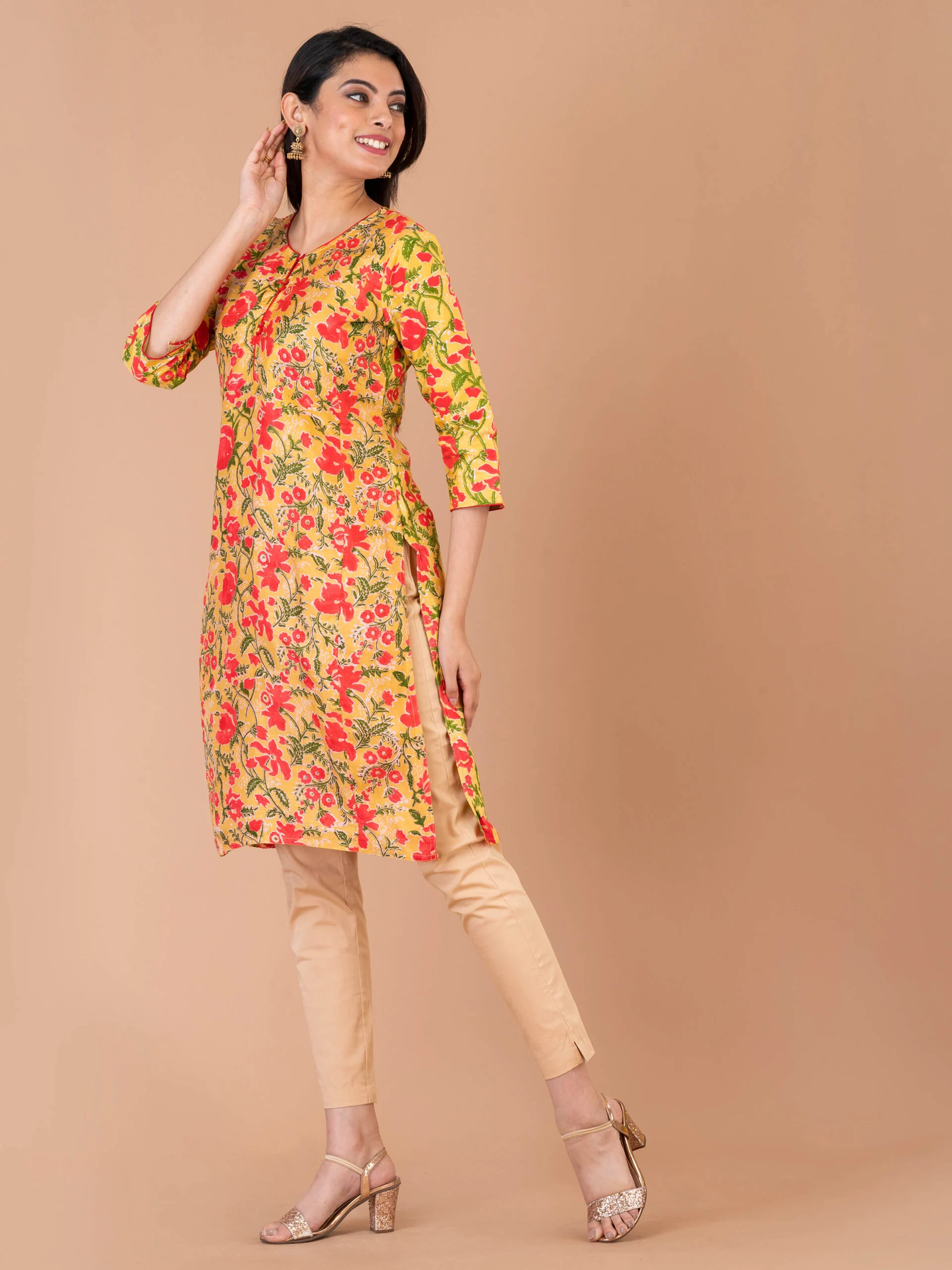 1_0003s_0001_DSC00338-scaled-1.jpg Jalpaibon Women’s Block Printed Silk Round Neck Kurta (Yellow)