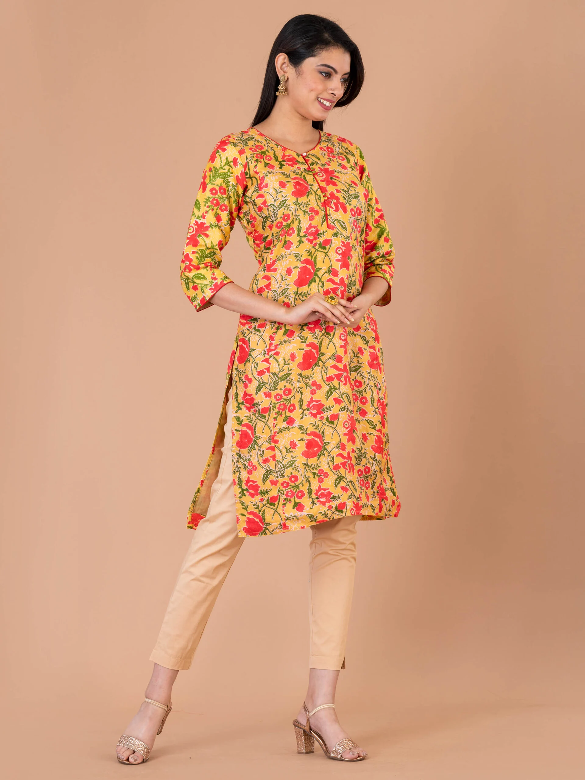 1_0003s_0002_DSC00337-scaled-1.jpg Jalpaibon Women’s Block Printed Silk Round Neck Kurta (Yellow)