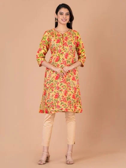 Jalpaibon Women’s Block Printed Silk Round Neck Kurta (Yellow)