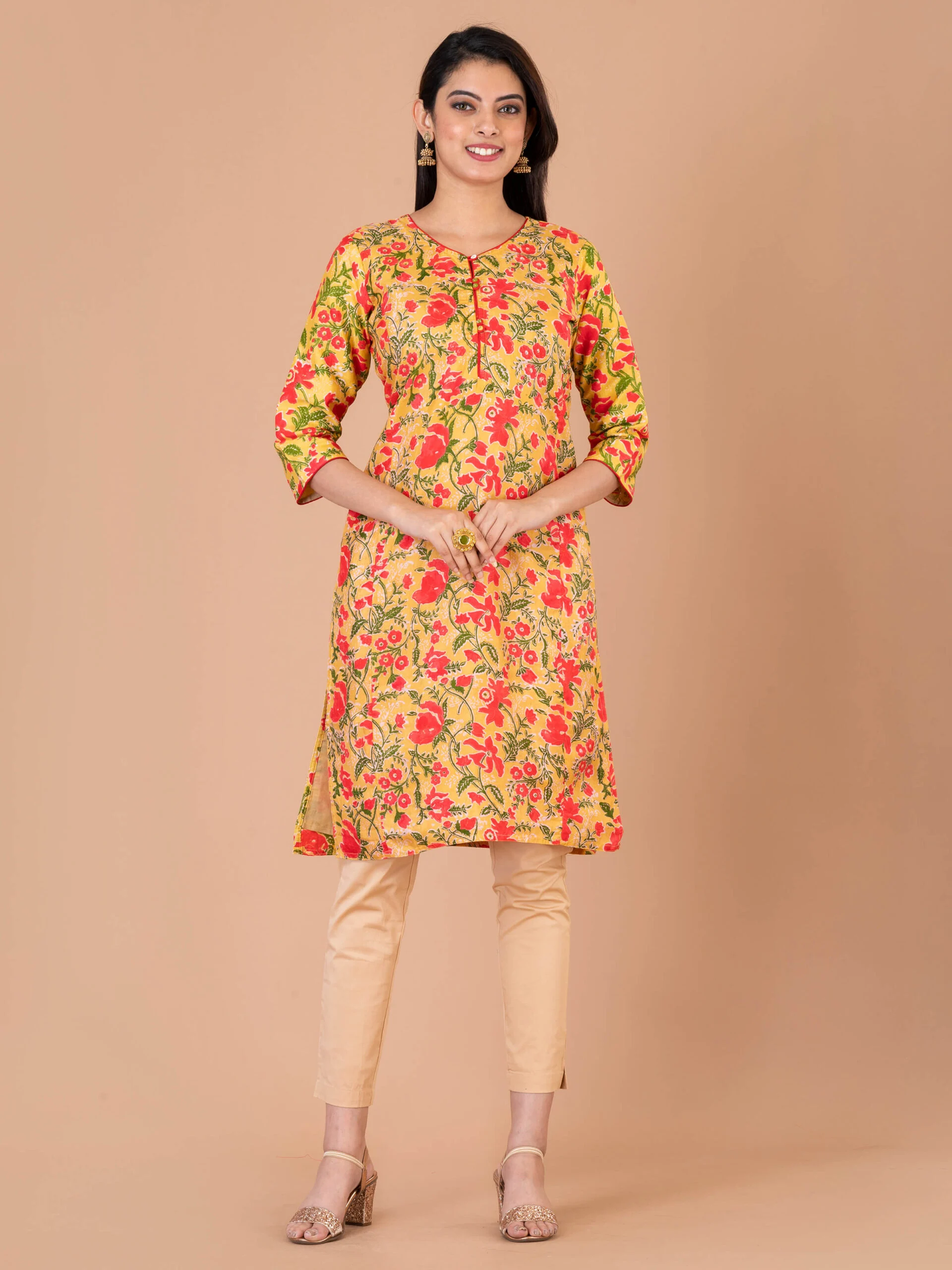 Jalpaibon Women's Block Printed Silk Round Neck Kurta (Yellow)