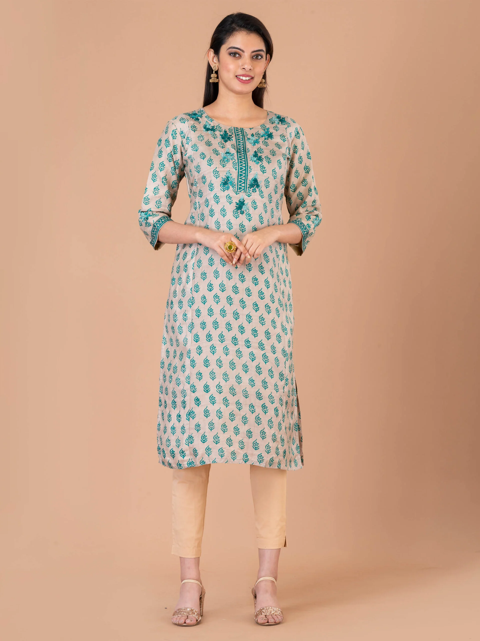 Jalpaibon Women's Block Printed Embroidered Silk Round Neck Kurta (Beige)