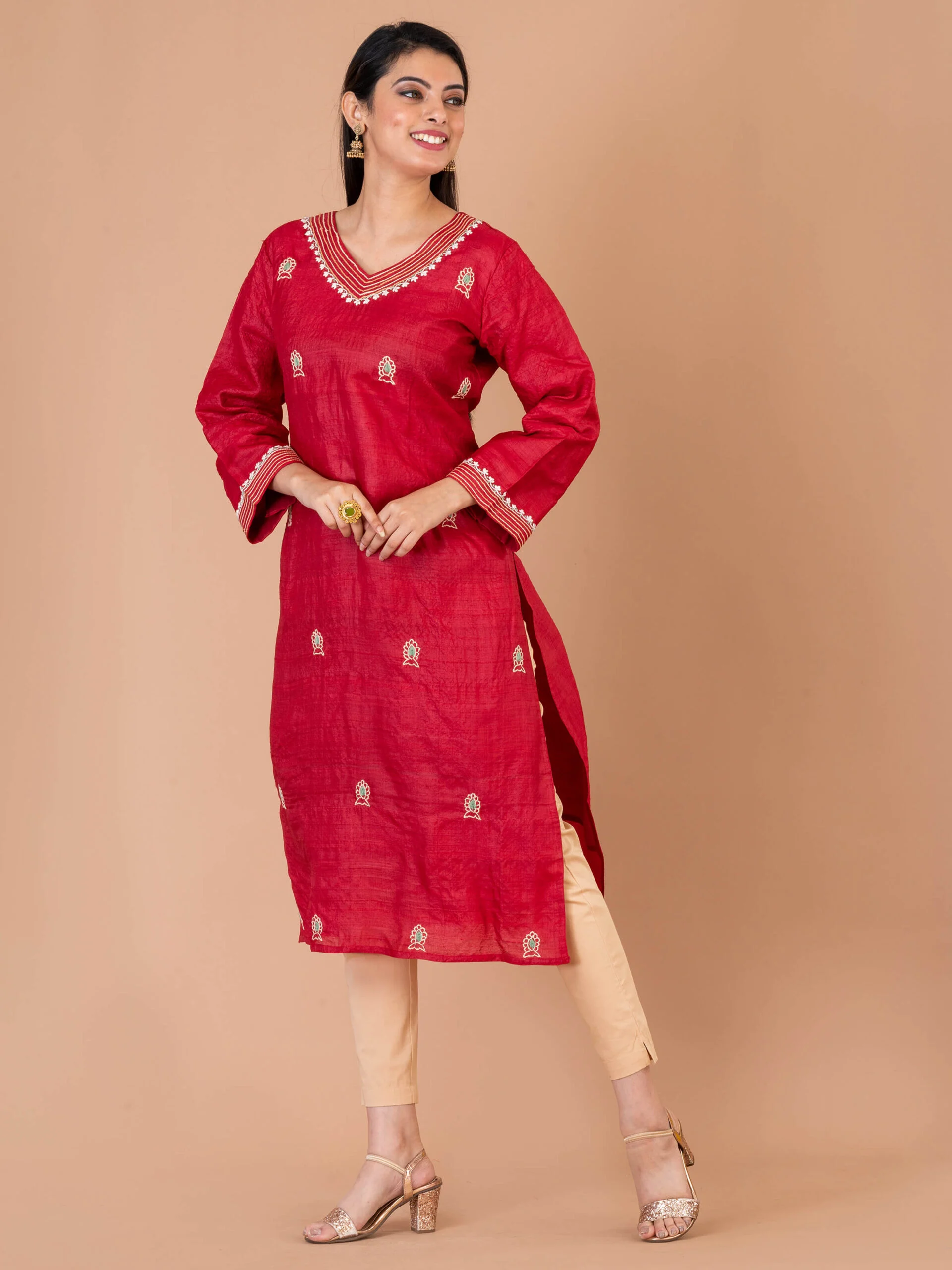 1_0005s_0001_DSC00330-scaled-1.jpg Jalpaibon Women’s Embroidered Tassar Silk V-Neckline Kurta (Red)