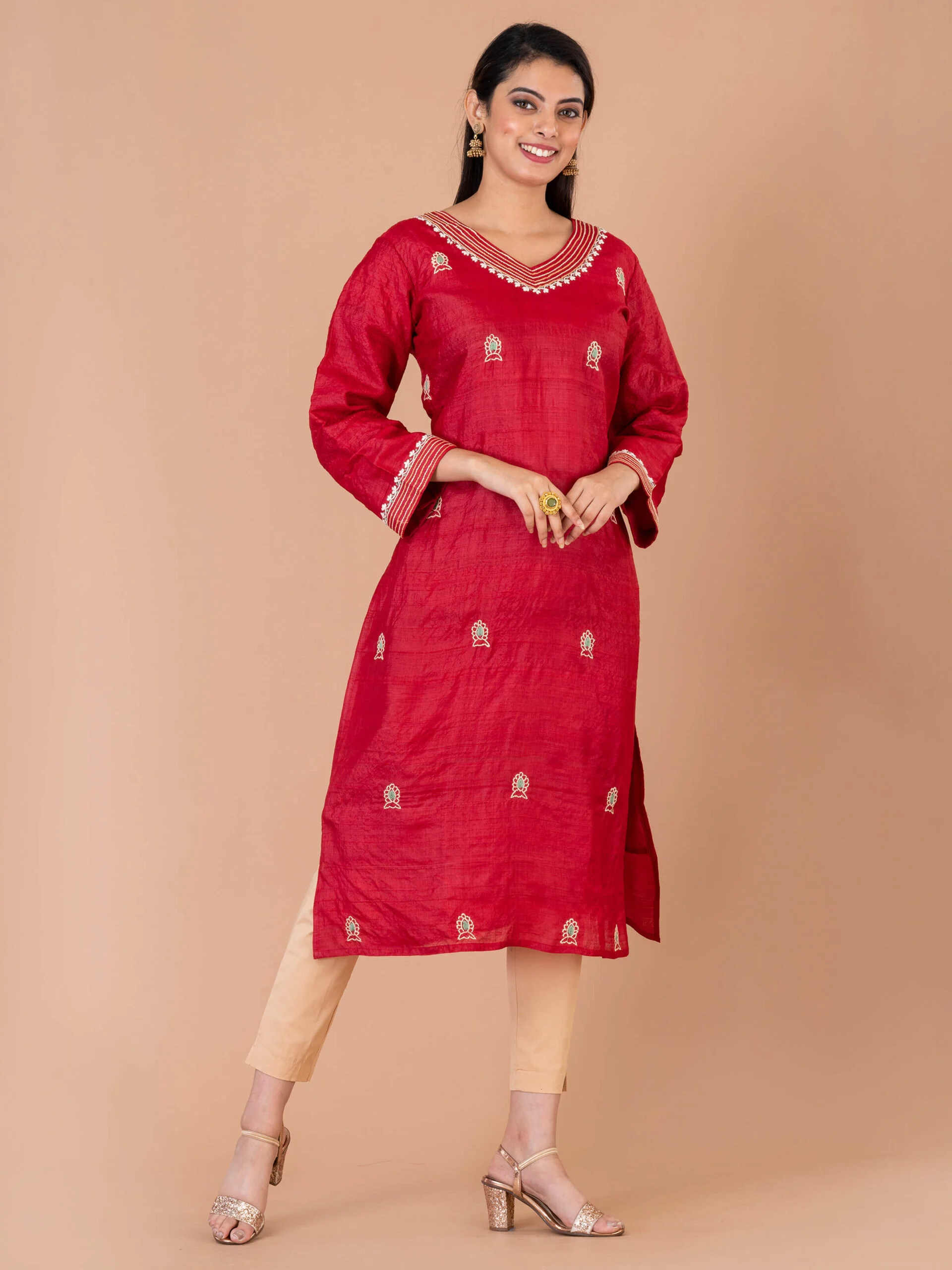 1_0005s_0002_DSC00329-scaled-1.jpg Jalpaibon Women’s Embroidered Tassar Silk V-Neckline Kurta (Red)