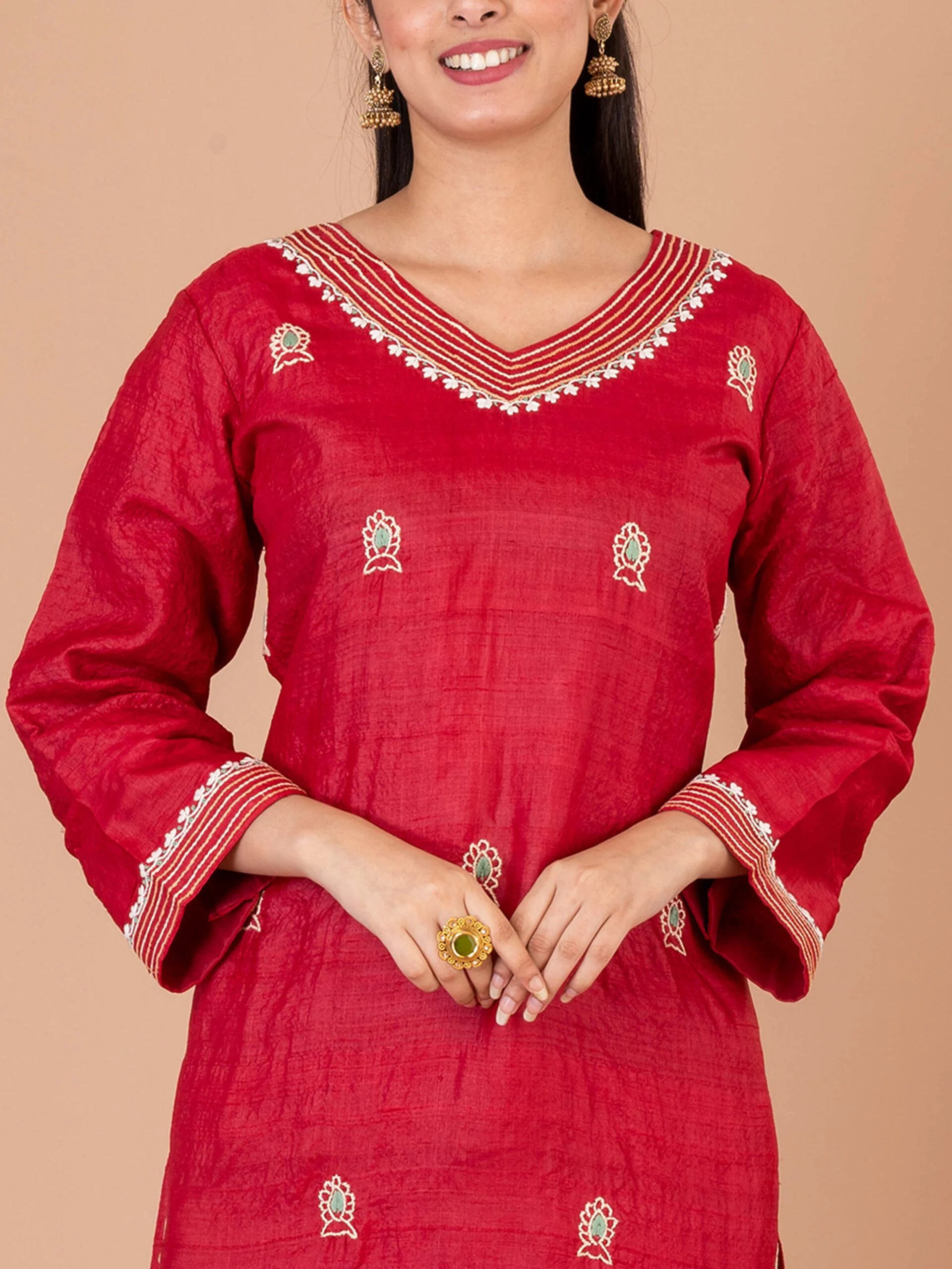 1_0005s_0003_DSC00328-copy-scaled-1.jpg Jalpaibon Women’s Embroidered Tassar Silk V-Neckline Kurta (Red)