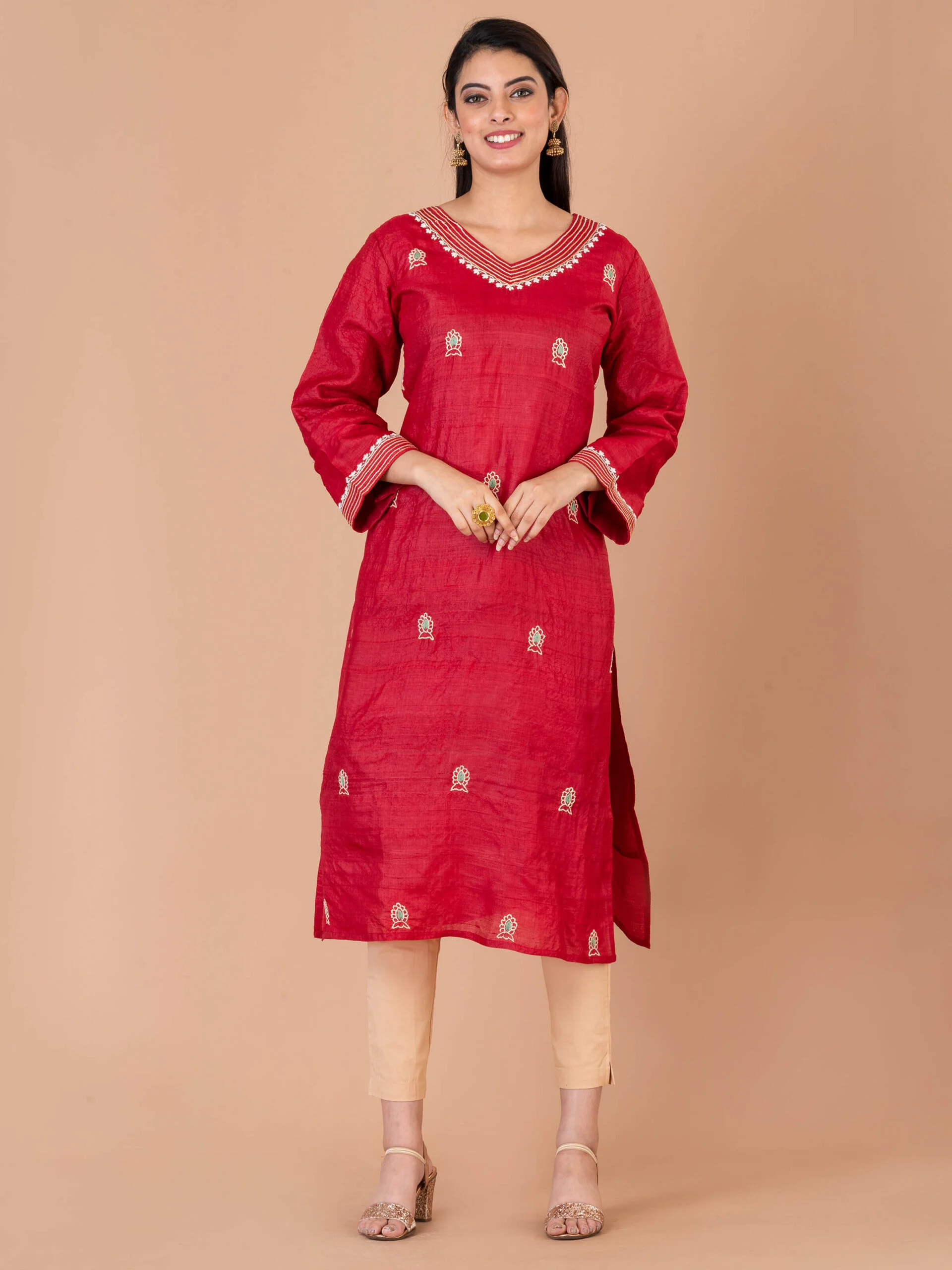 Jalpaibon Women's Embroidered Tassar Silk V-Neckline Kurta (Red)
