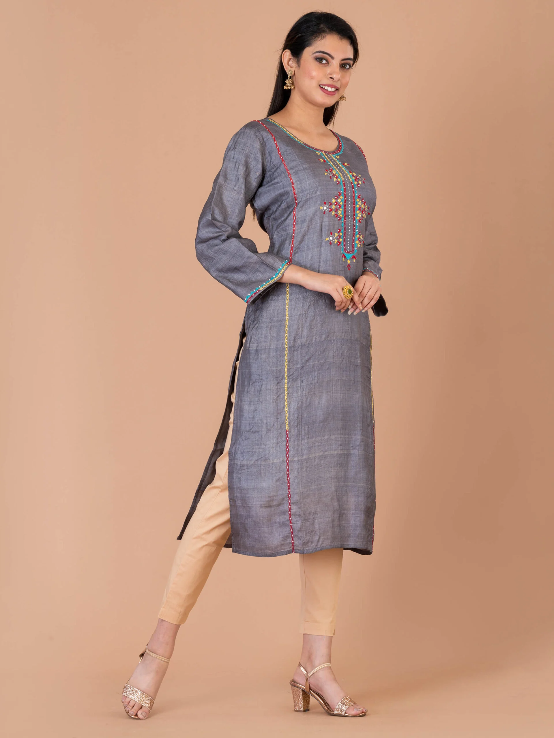 1_0006s_0001_DSC00326-scaled-1.jpg Jalpaibon Women’s Embroidered Tassar Silk Round Neck Long Kurta (Grey)