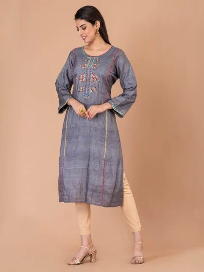 Jalpaibon Women’s Embroidered Tassar Silk Round Neck Long Kurta (Grey)
