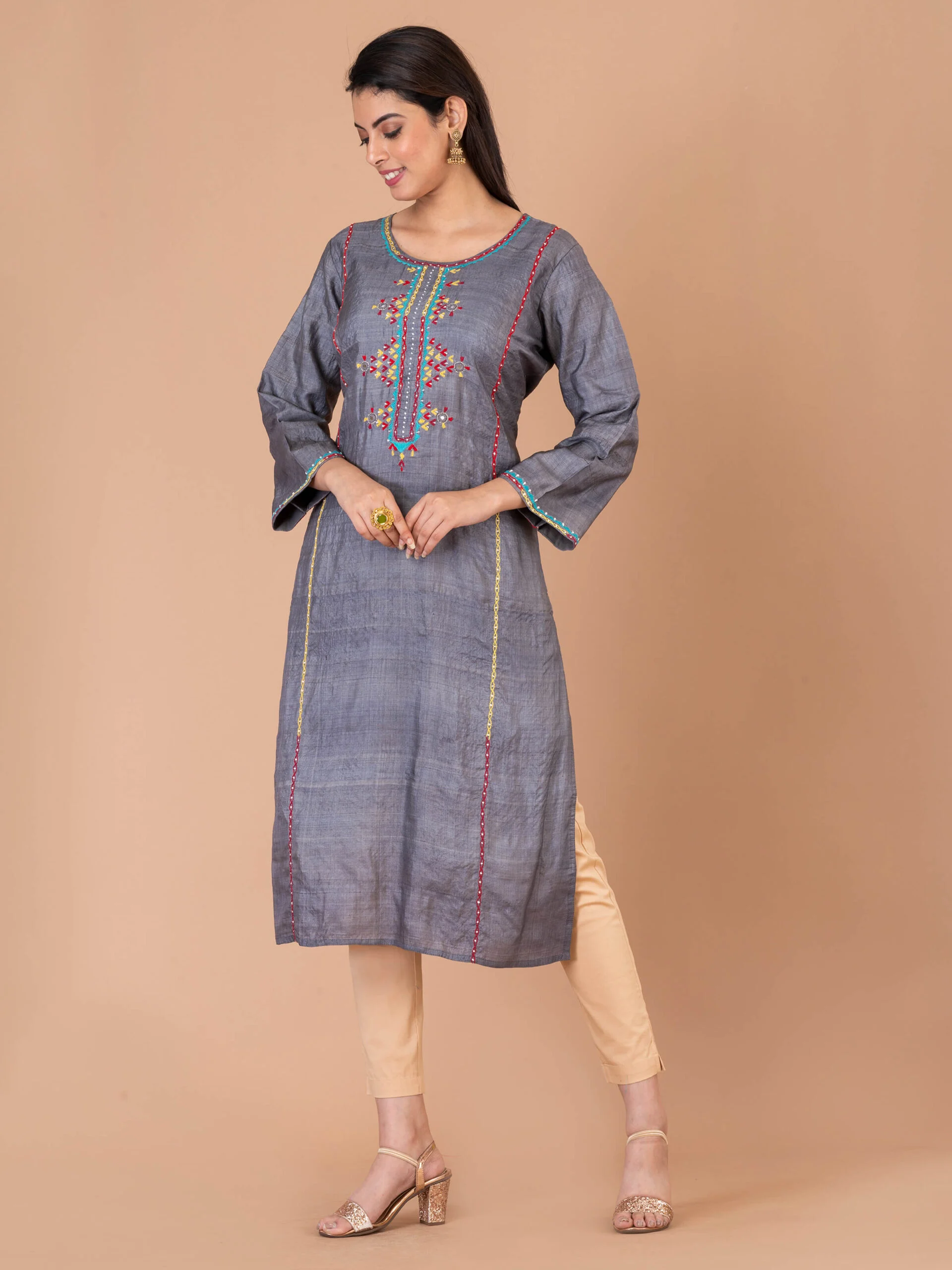 1_0006s_0002_DSC00325-scaled-1.jpg Jalpaibon Women’s Embroidered Tassar Silk Round Neck Long Kurta (Grey)