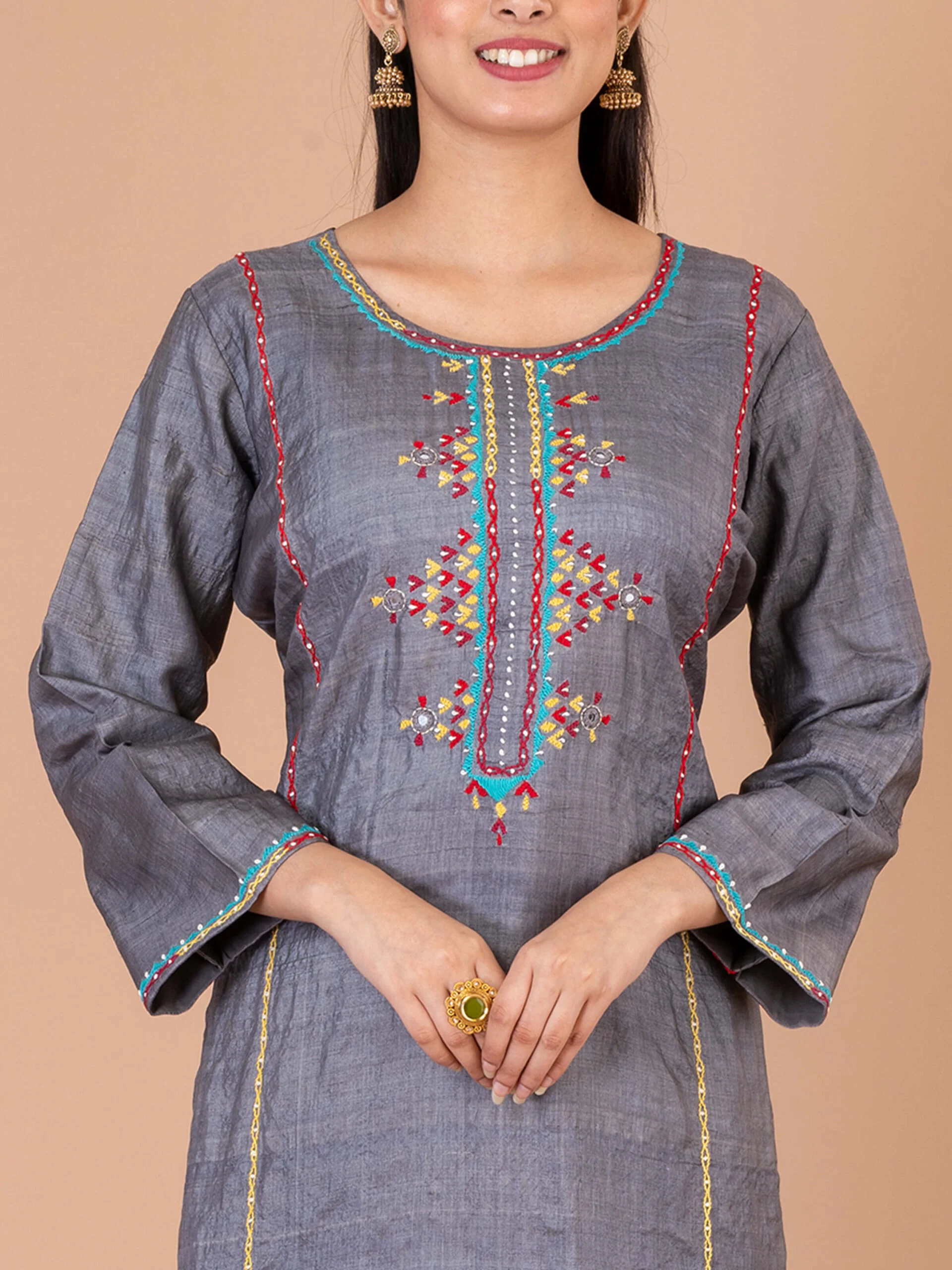 1_0006s_0003_DSC00324-copy-scaled-1.jpg Jalpaibon Women’s Embroidered Tassar Silk Round Neck Long Kurta (Grey)