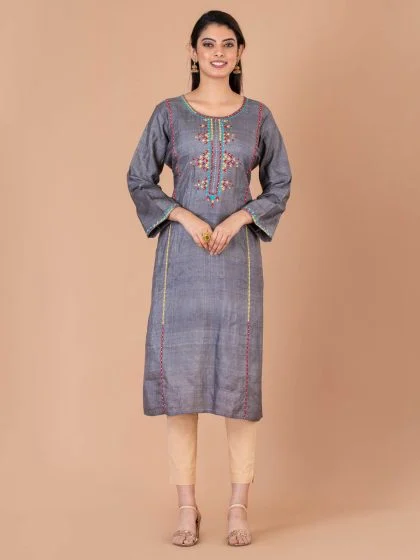 Jalpaibon Women’s Embroidered Tassar Silk Round Neck Long Kurta (Grey)