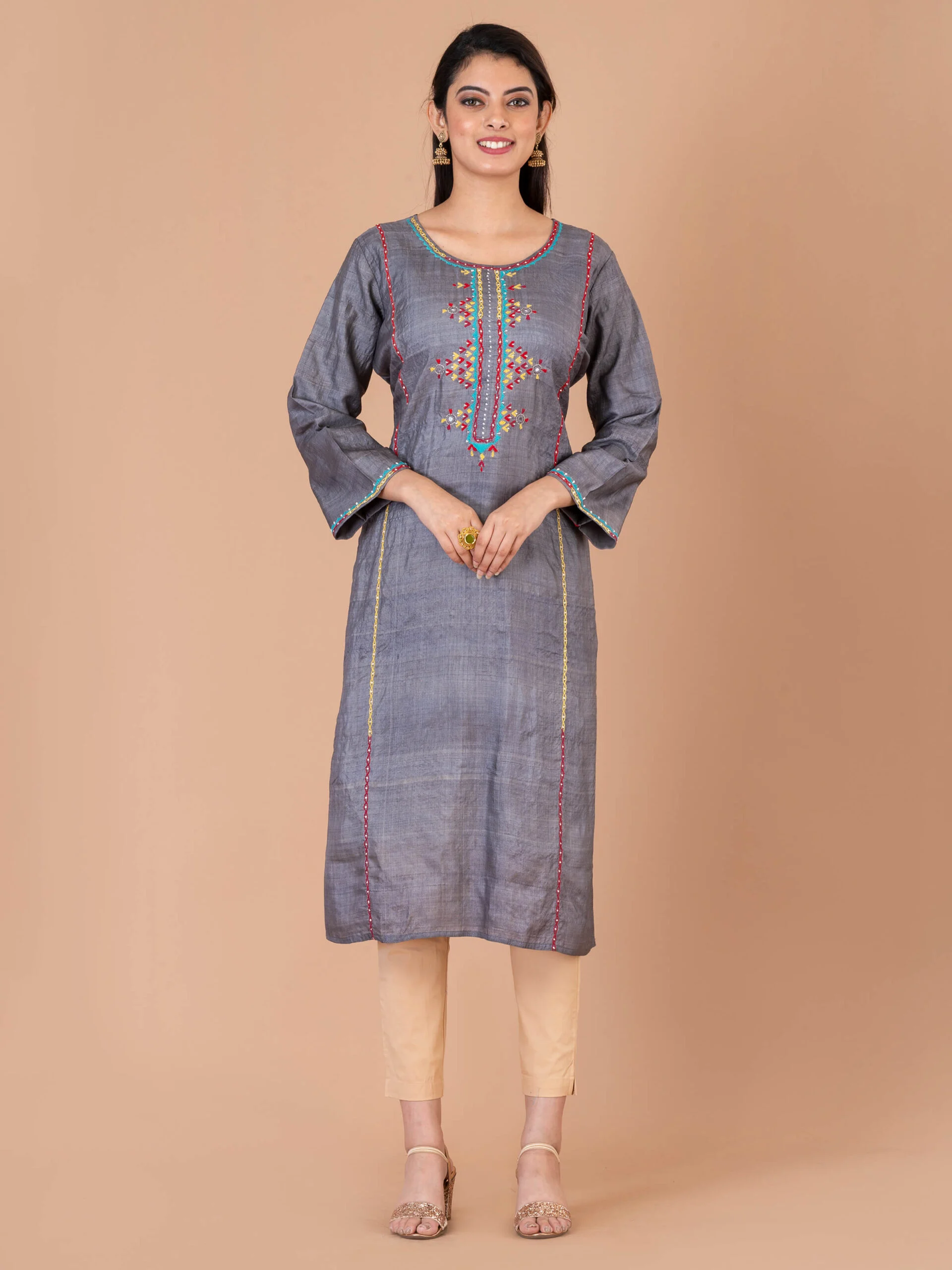 Jalpaibon Women's Embroidered Tassar Silk Round Neck Long Kurta (Grey)