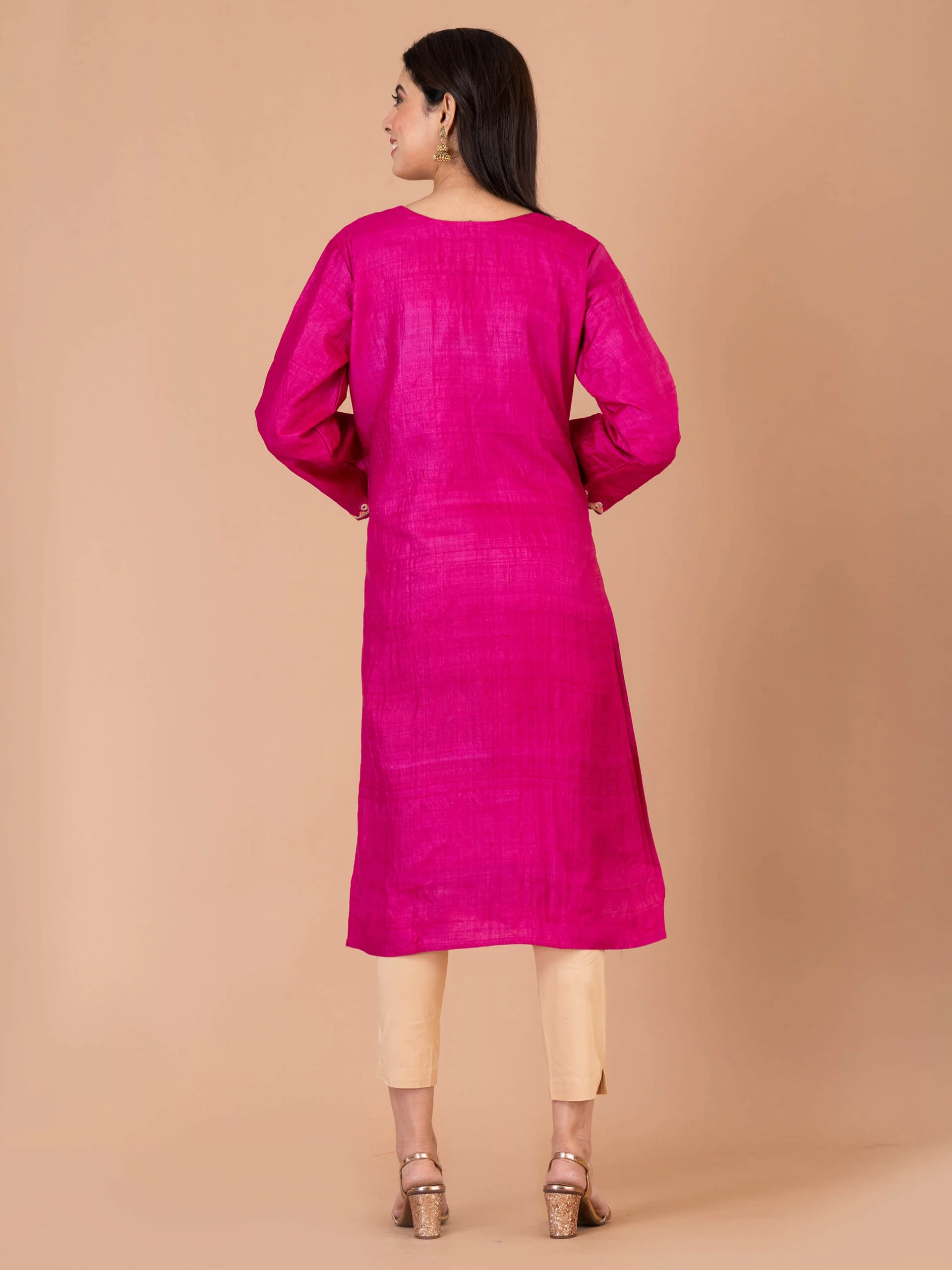 1_0007s_0000_DSC00318-scaled-1.jpg Jalpaibon Women’s Hand Embroidered Tassar Silk Round Neck Long Kurta (Pink)