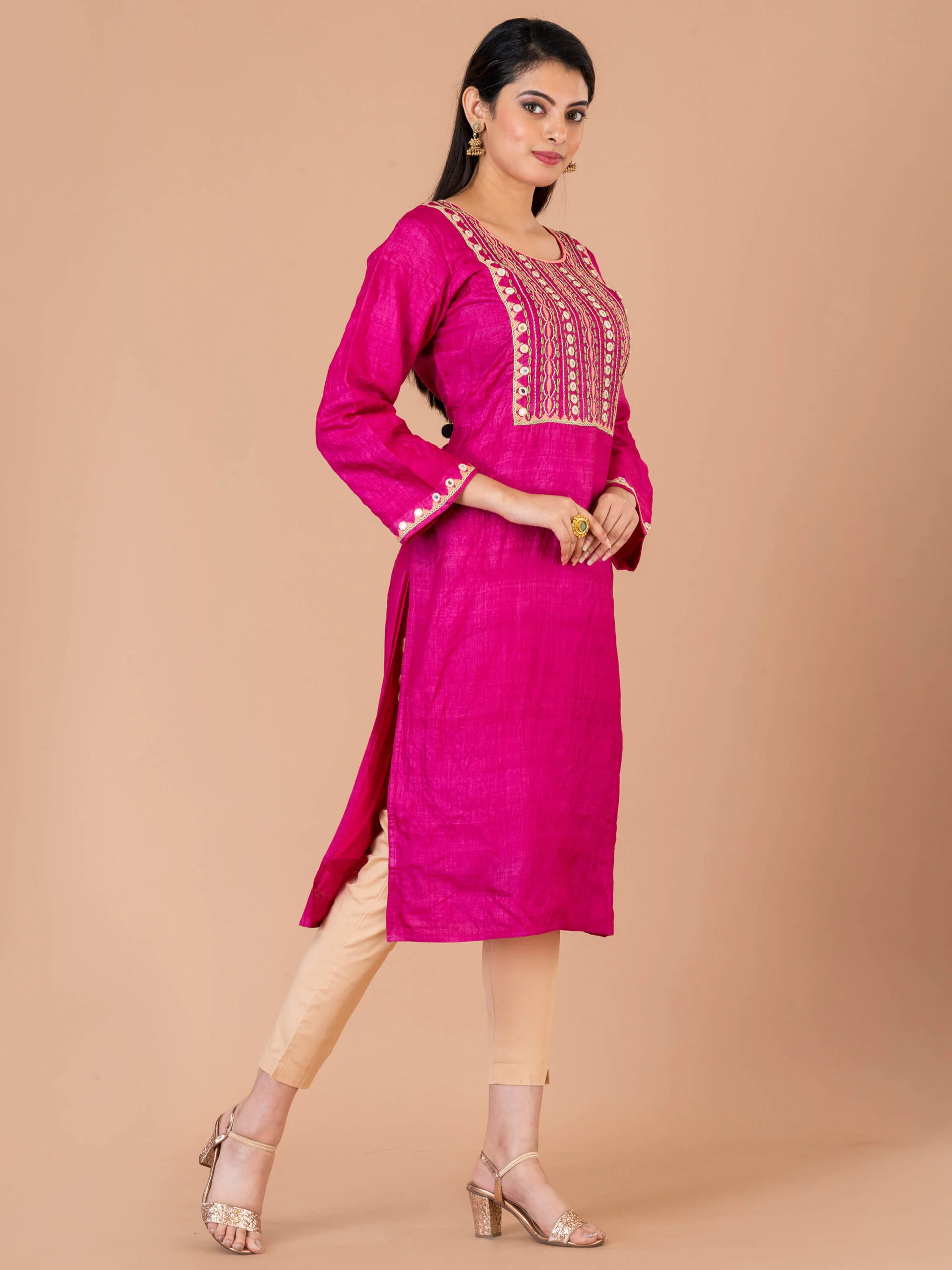 1_0007s_0001_DSC00322-scaled-1.jpg Jalpaibon Women’s Hand Embroidered Tassar Silk Round Neck Long Kurta (Pink)