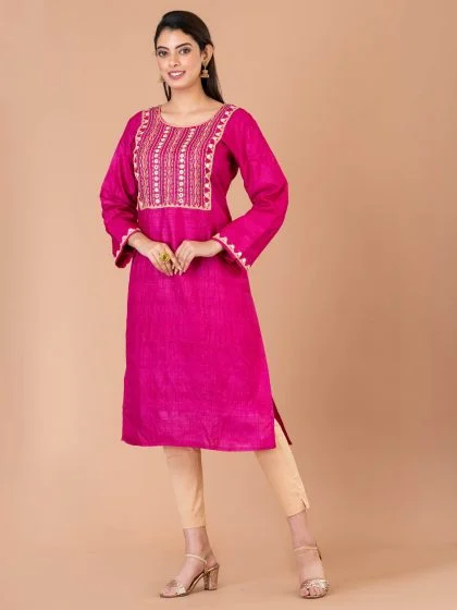 Jalpaibon Women’s Hand Embroidered Tassar Silk Round Neck Long Kurta (Pink)
