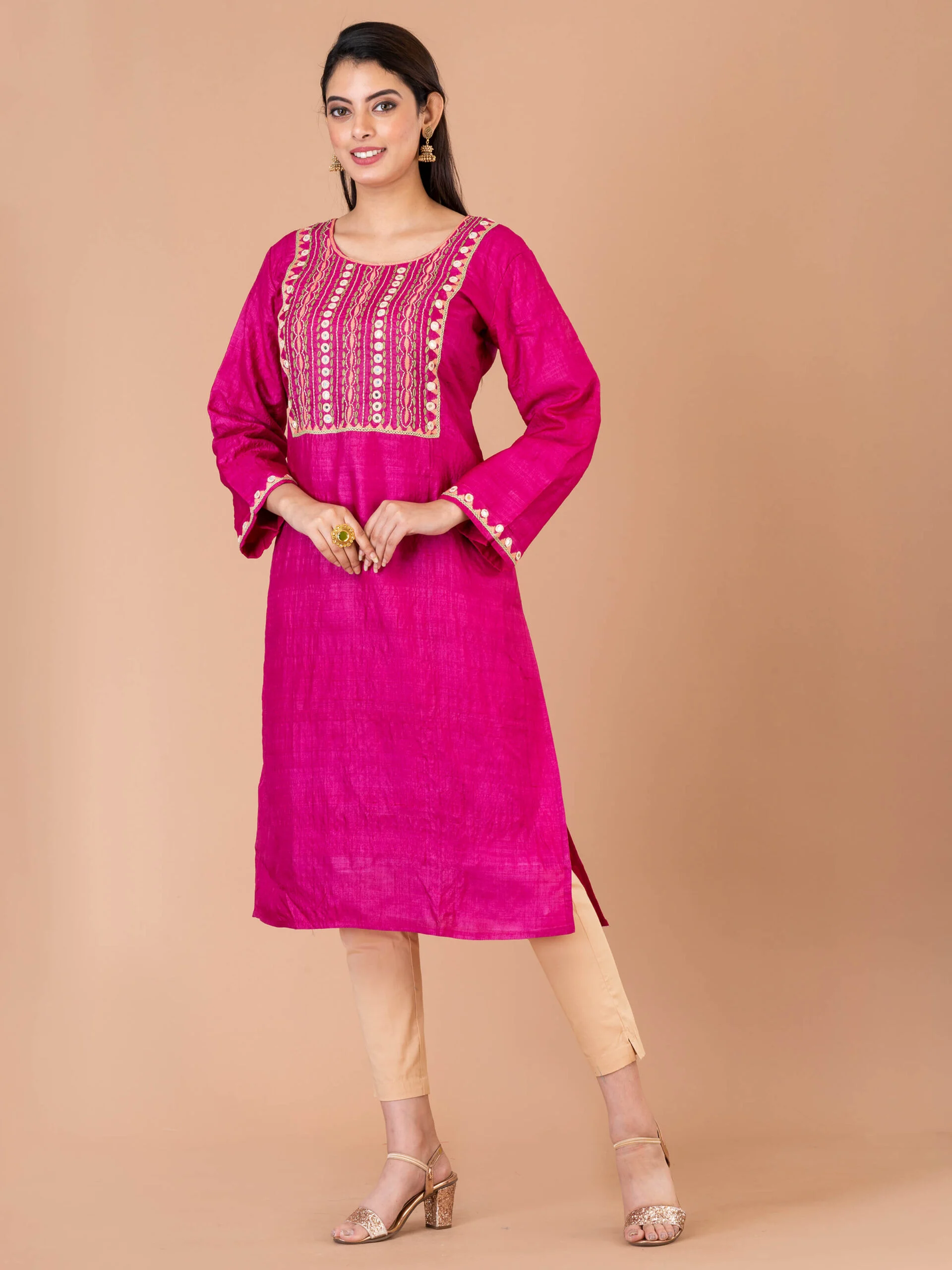 1_0007s_0002_DSC00321-scaled-1.jpg Jalpaibon Women’s Hand Embroidered Tassar Silk Round Neck Long Kurta (Pink)