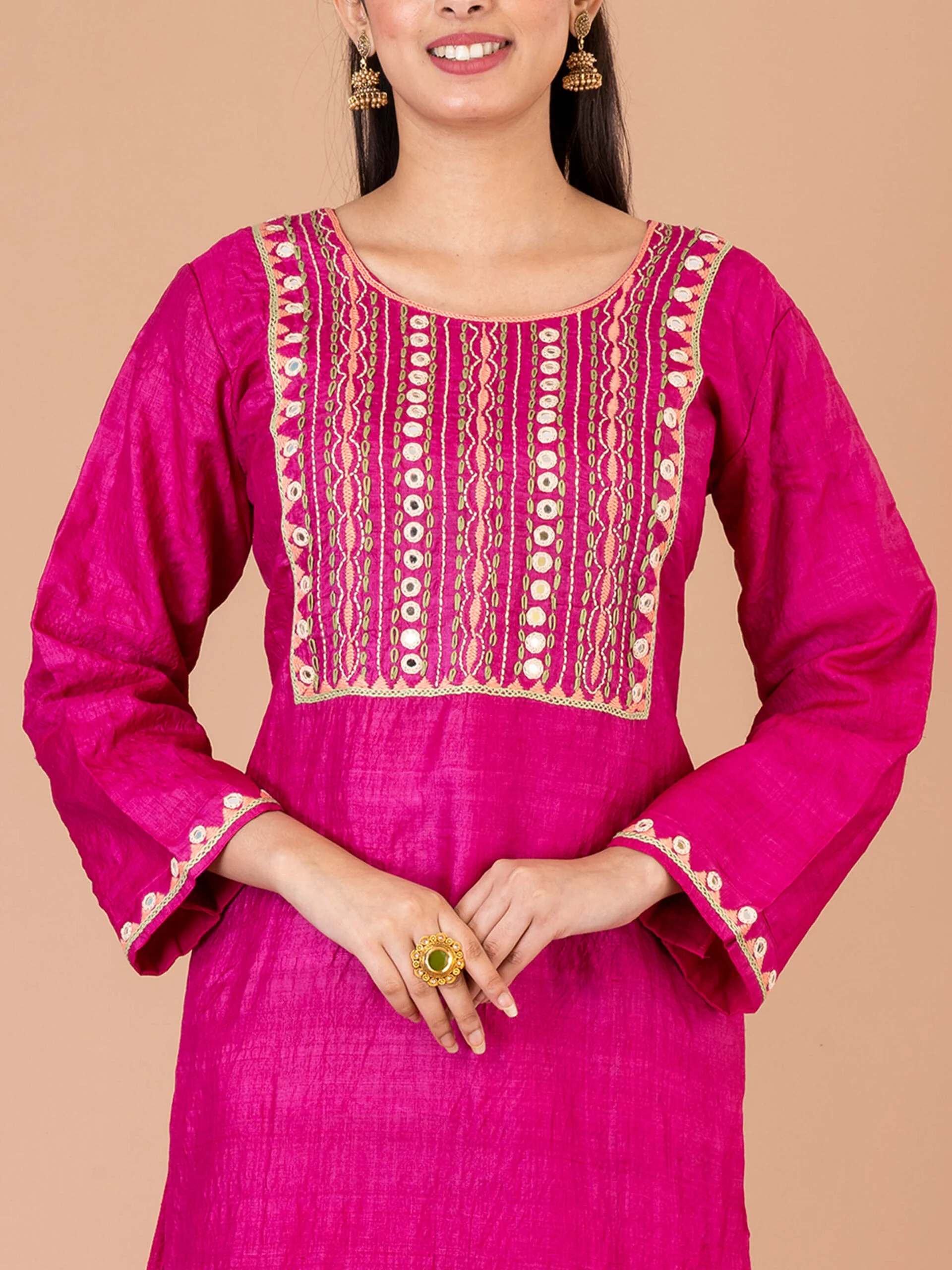 1_0007s_0003_DSC00320-copy-scaled-1.jpg Jalpaibon Women’s Hand Embroidered Tassar Silk Round Neck Long Kurta (Pink)