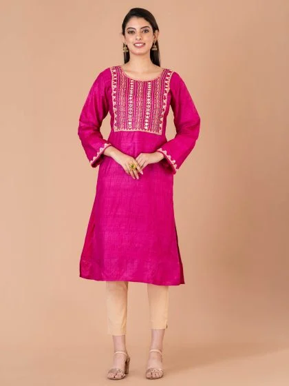 Jalpaibon Women’s Hand Embroidered Tassar Silk Round Neck Long Kurta (Pink)