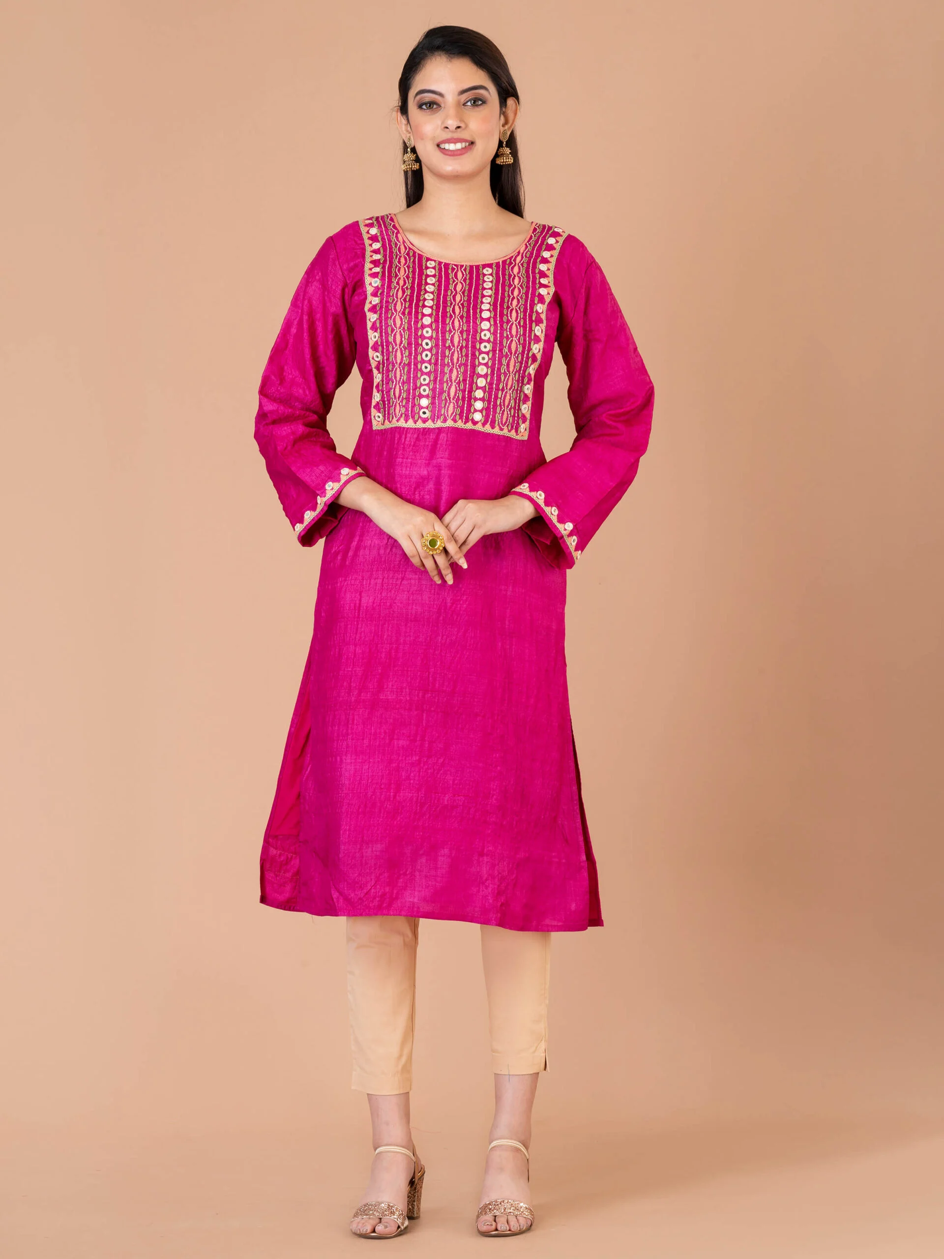 Jalpaibon Women's Hand Embroidered Tassar Silk Round Neck Long Kurta (Pink)
