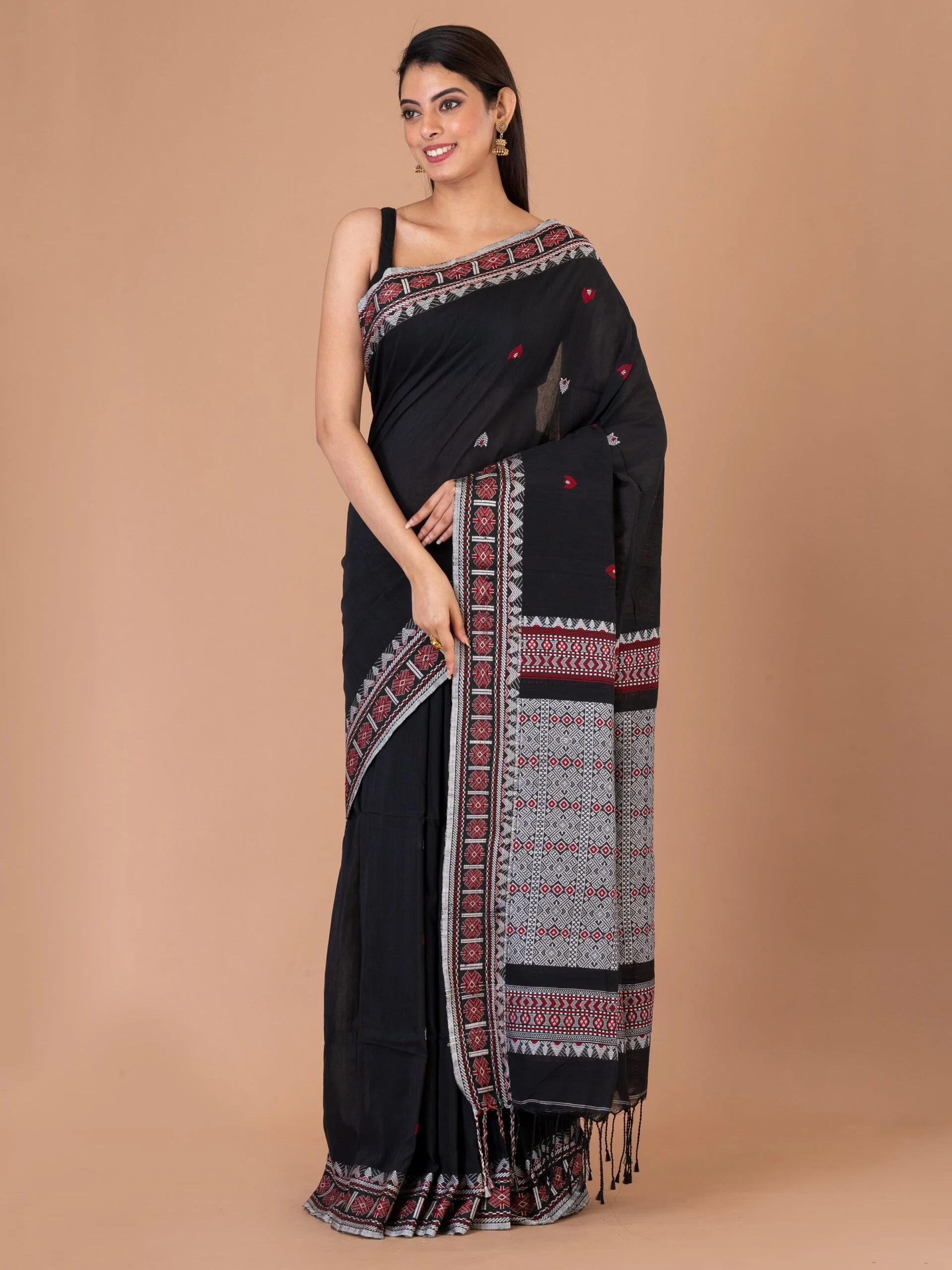 Jalpaibon Woven Bordered Handloom Pure Cotton Saree (Black)