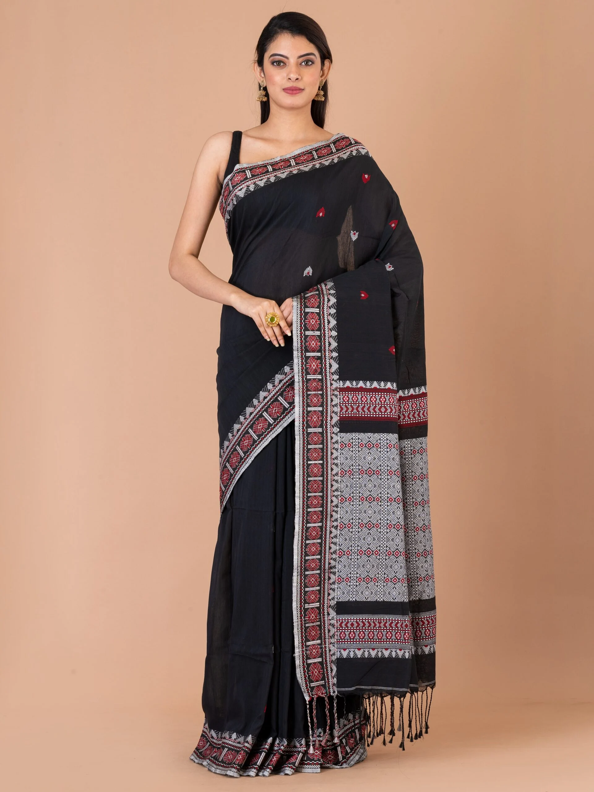 Jalpaibon Woven Bordered Handloom Pure Cotton Saree (Black)