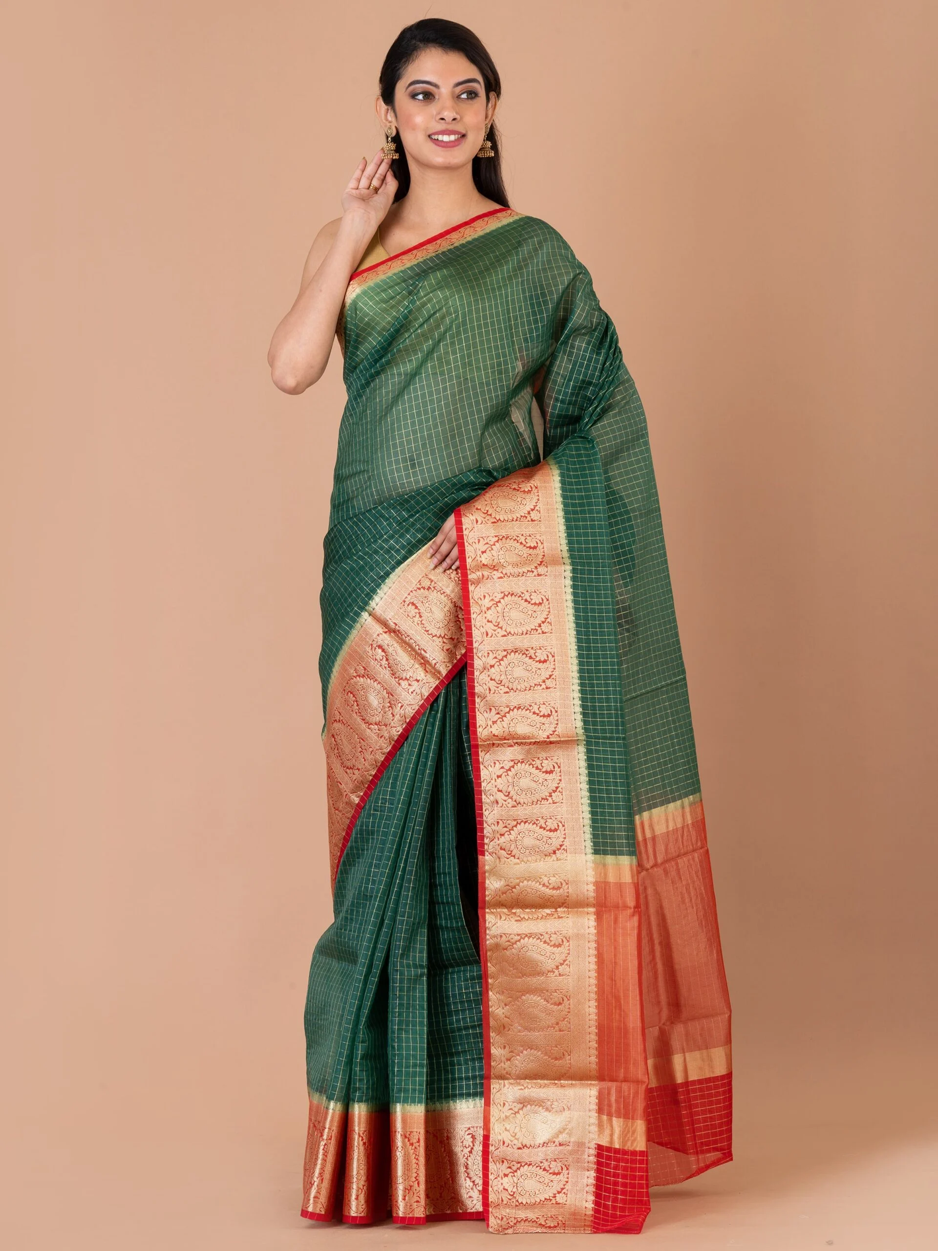 Jalpaibon Zari Woven Silk Blend Bordered Saree (Dark Green)