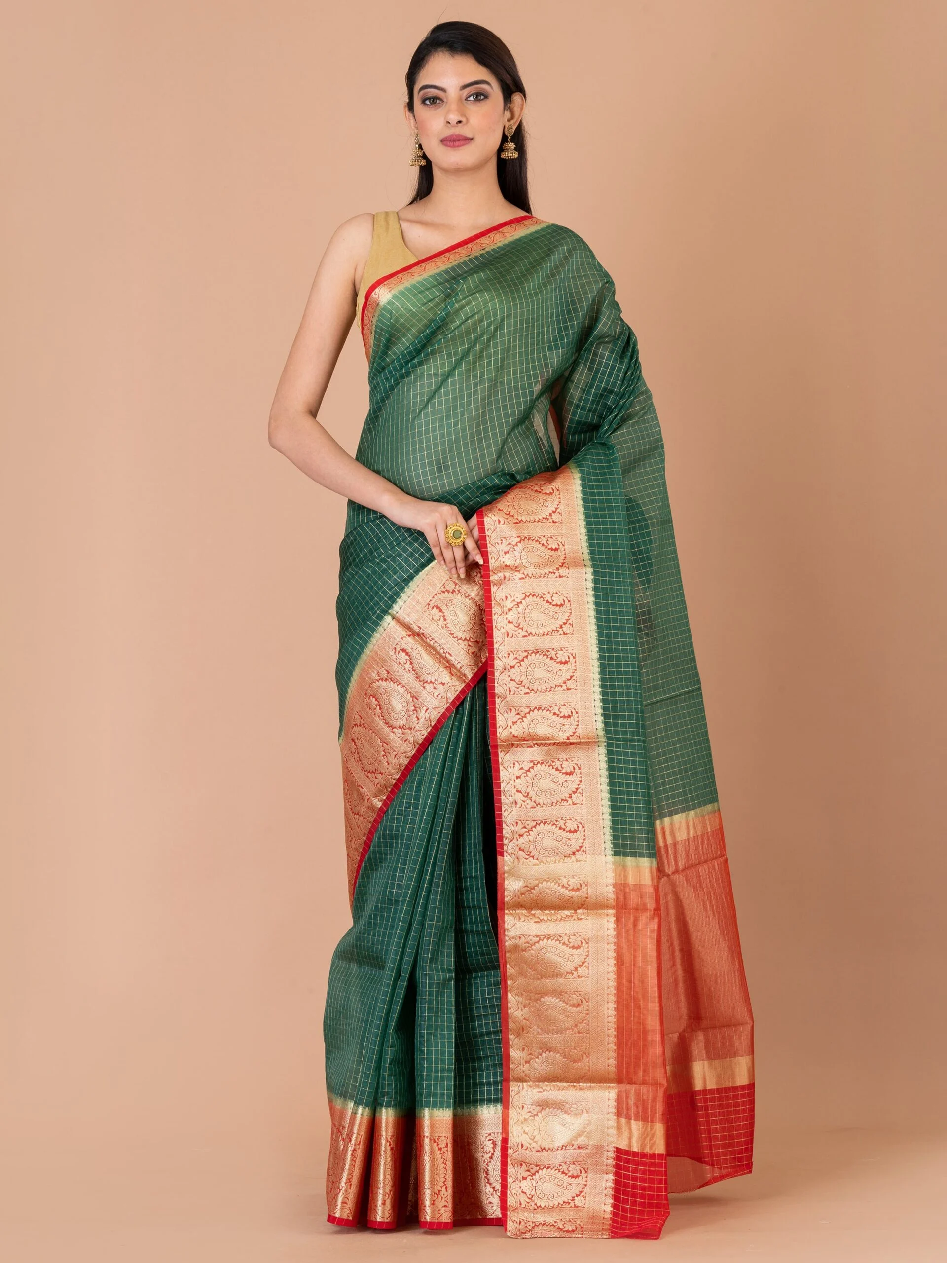 1_0010s_0003_DSC00301-min-scaled-1.jpg Jalpaibon Zari Woven Silk Blend Bordered Saree (Dark Green)