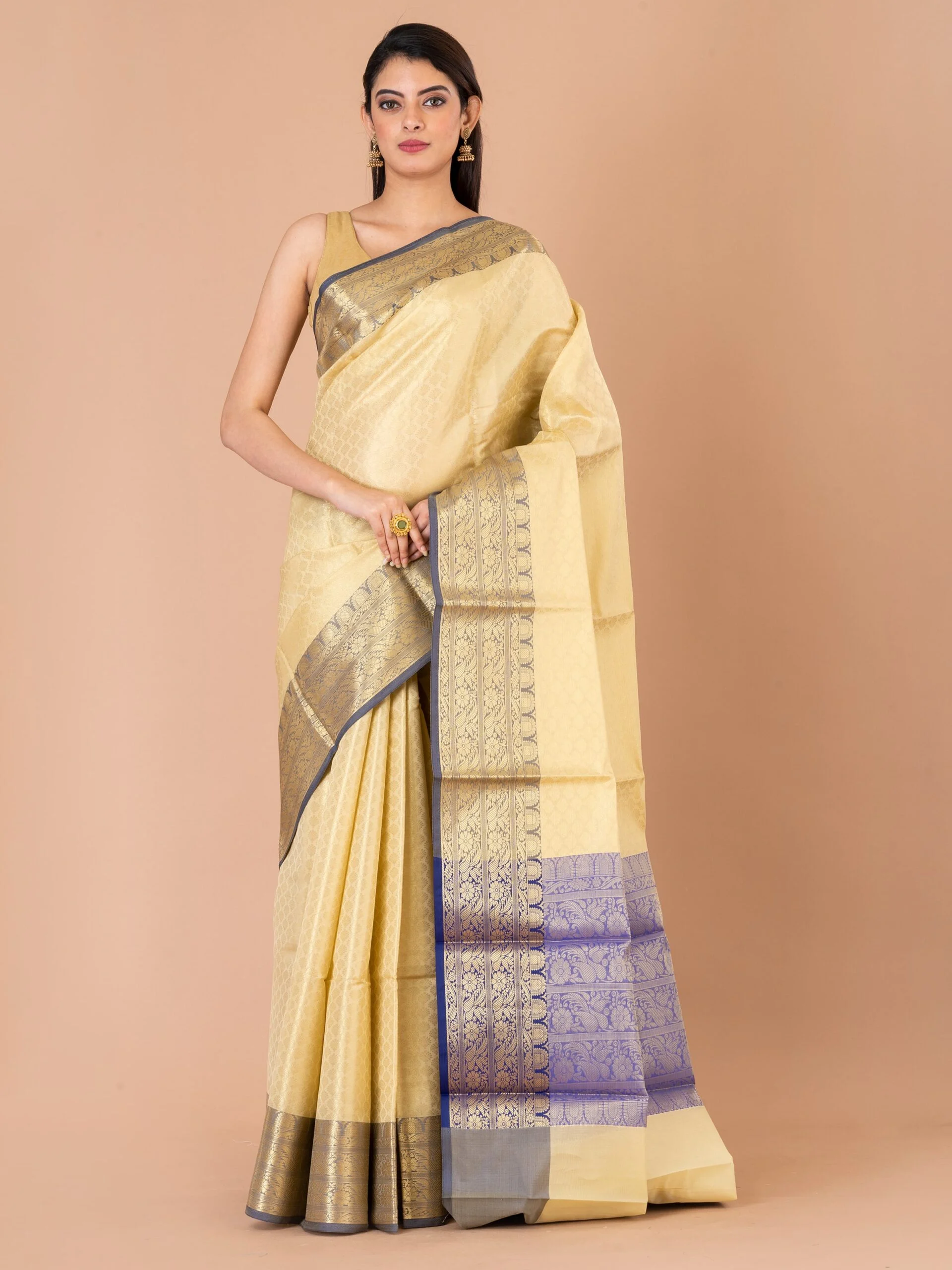 Jalpaibon Self Woven Silk Blend Jacquard Saree (Light Beige)