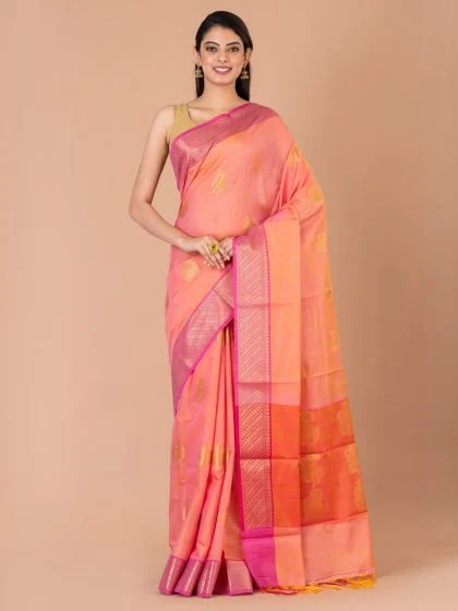 Jalpaibon Zari Woven Banarasi Silk Cotton Saree (Peach)